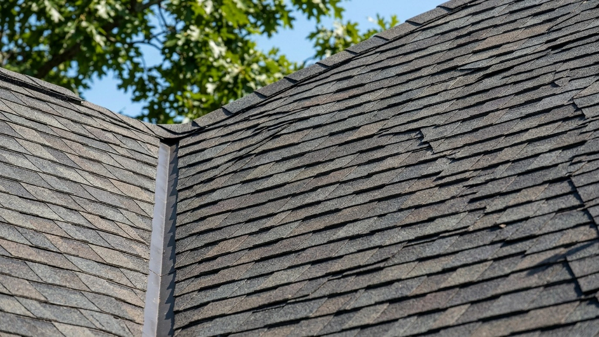 Close-up of architectural asphalt shingles on a residential roof