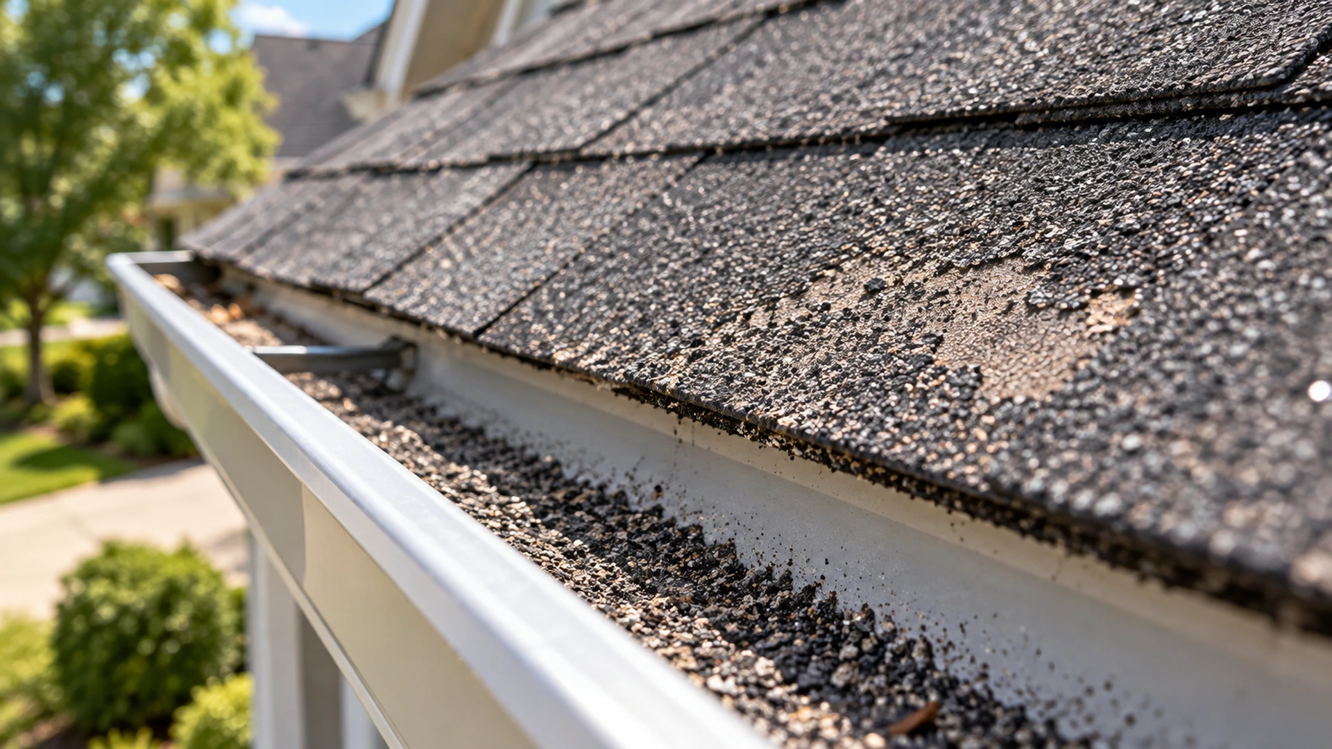 Asphalt shingle granule loss visible on roof shingles and inside a residential gutter
