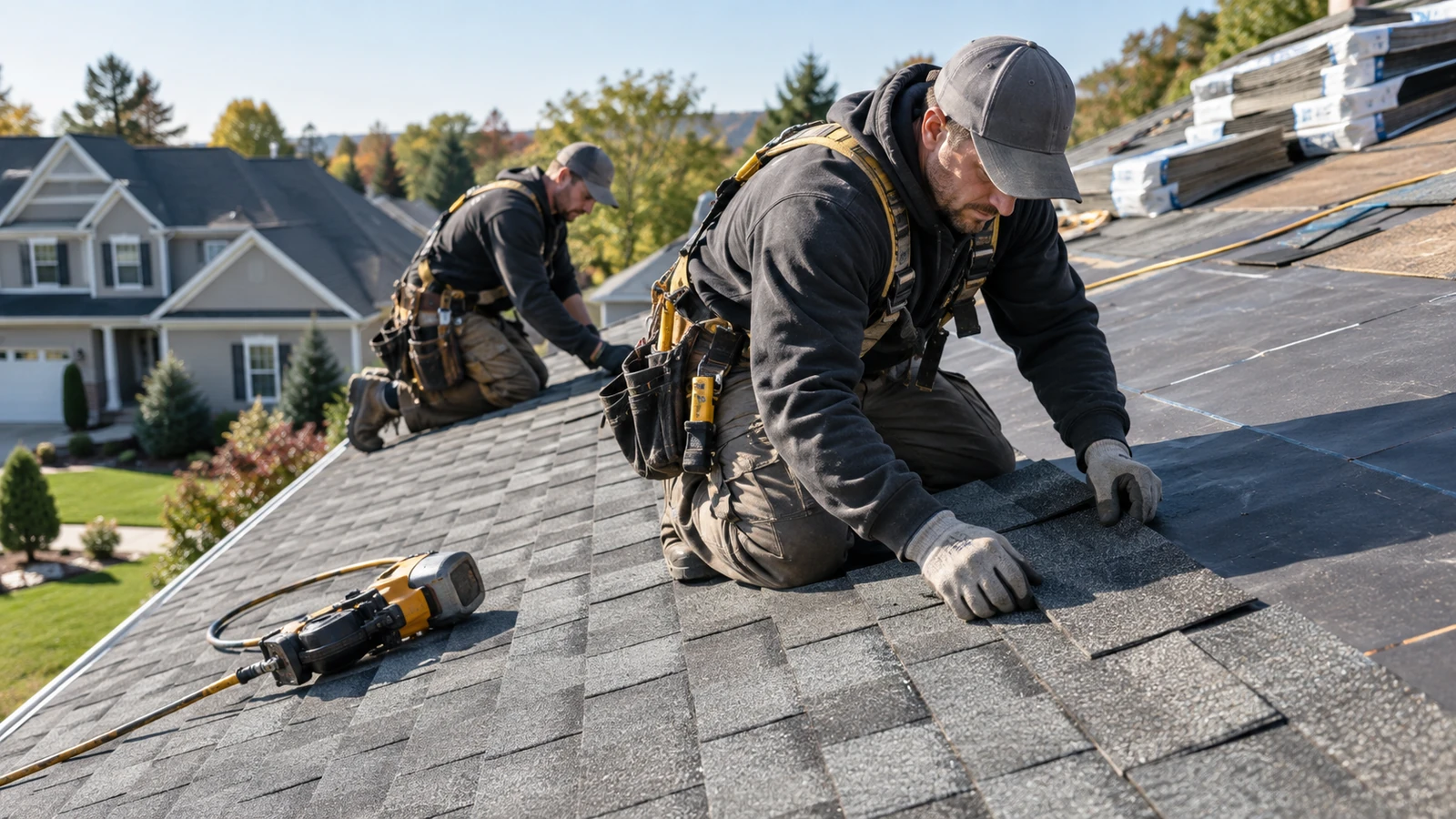 Professional roofers installing asphalt shingles on a residential home.