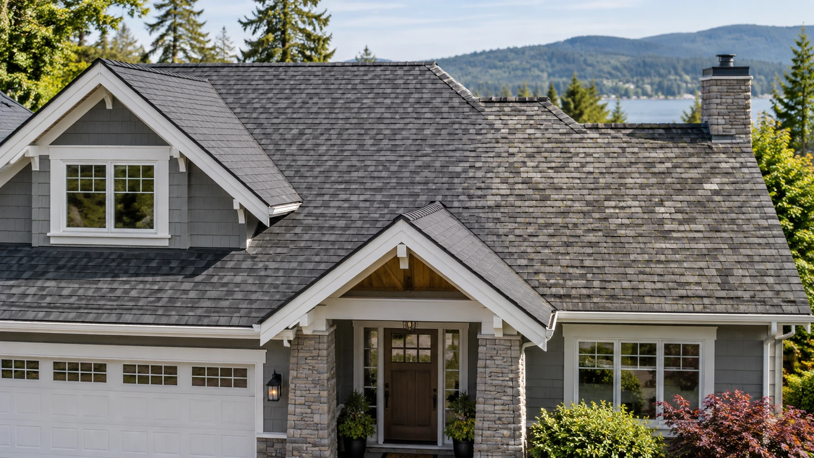 Residential home with asphalt shingles showing newer and naturally weathered roof areas.