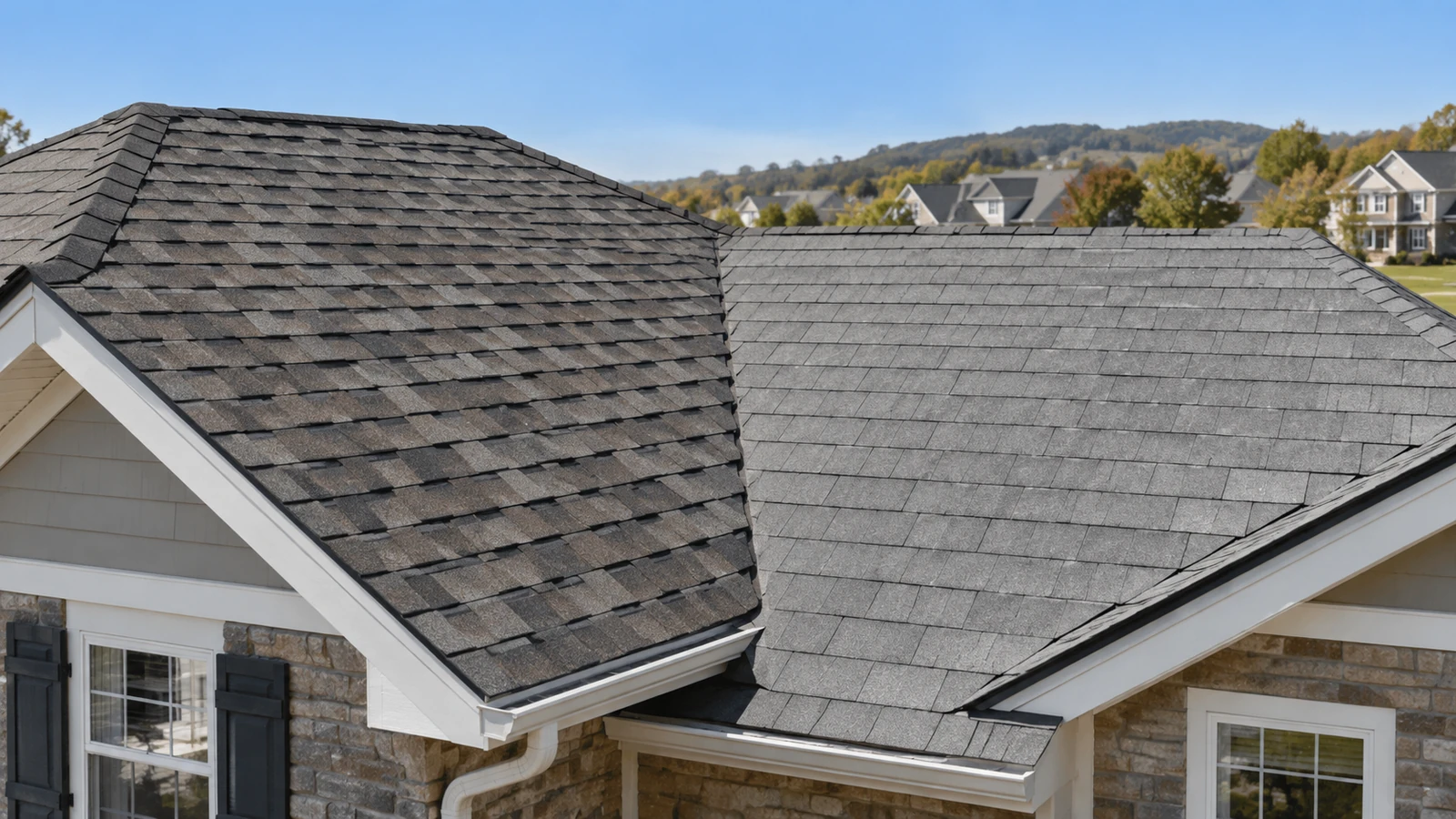 Residential roof showing different asphalt shingle styles and textures.