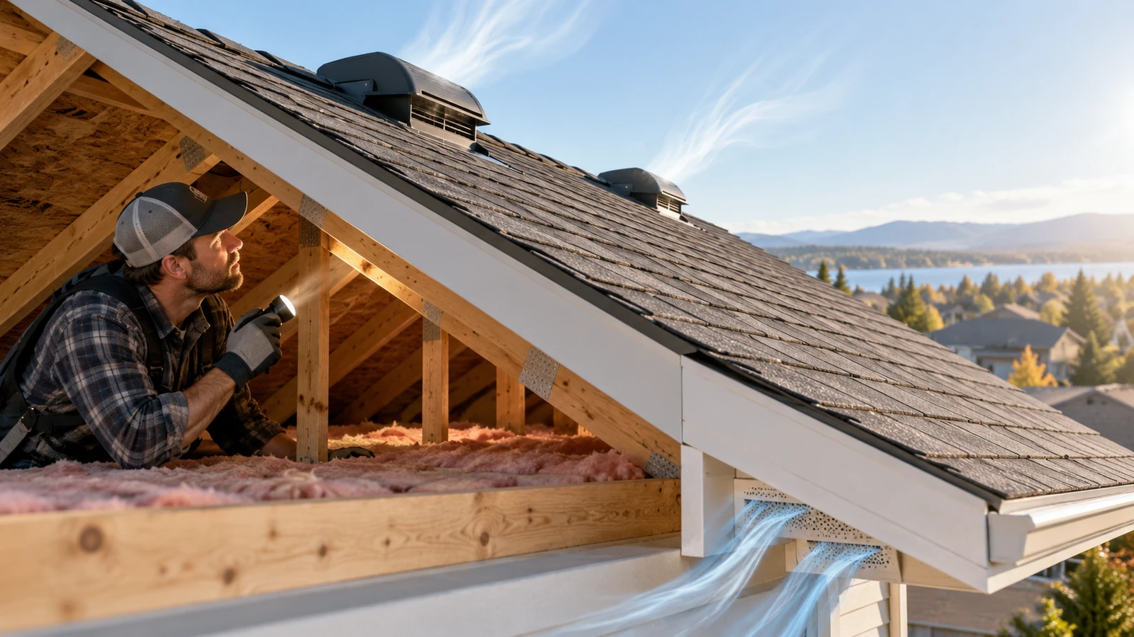 Roofing professional inspecting attic ventilation and roof vents in a residential home.