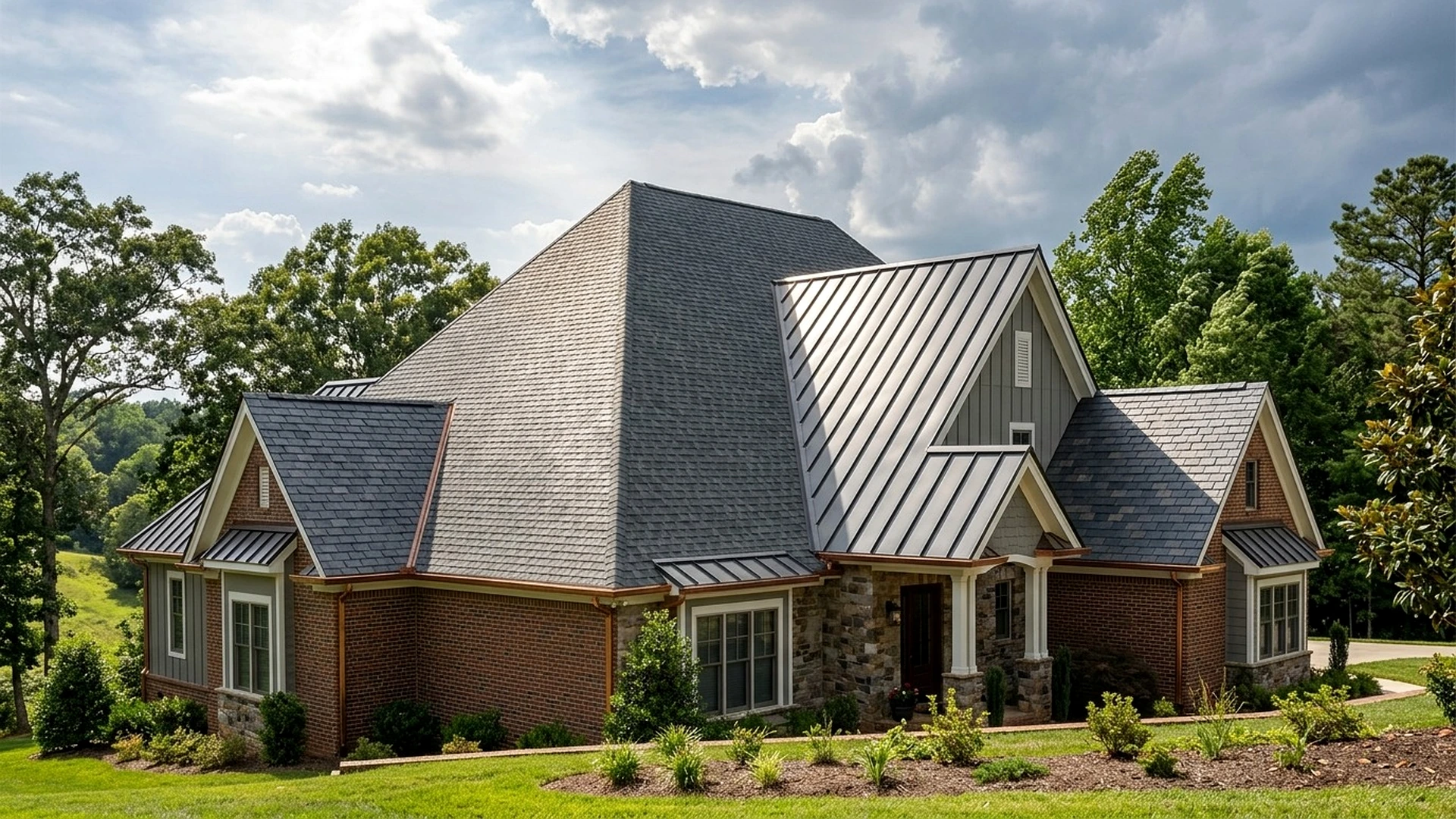 North Carolina home with asphalt shingles and metal roofing under changing weather conditions