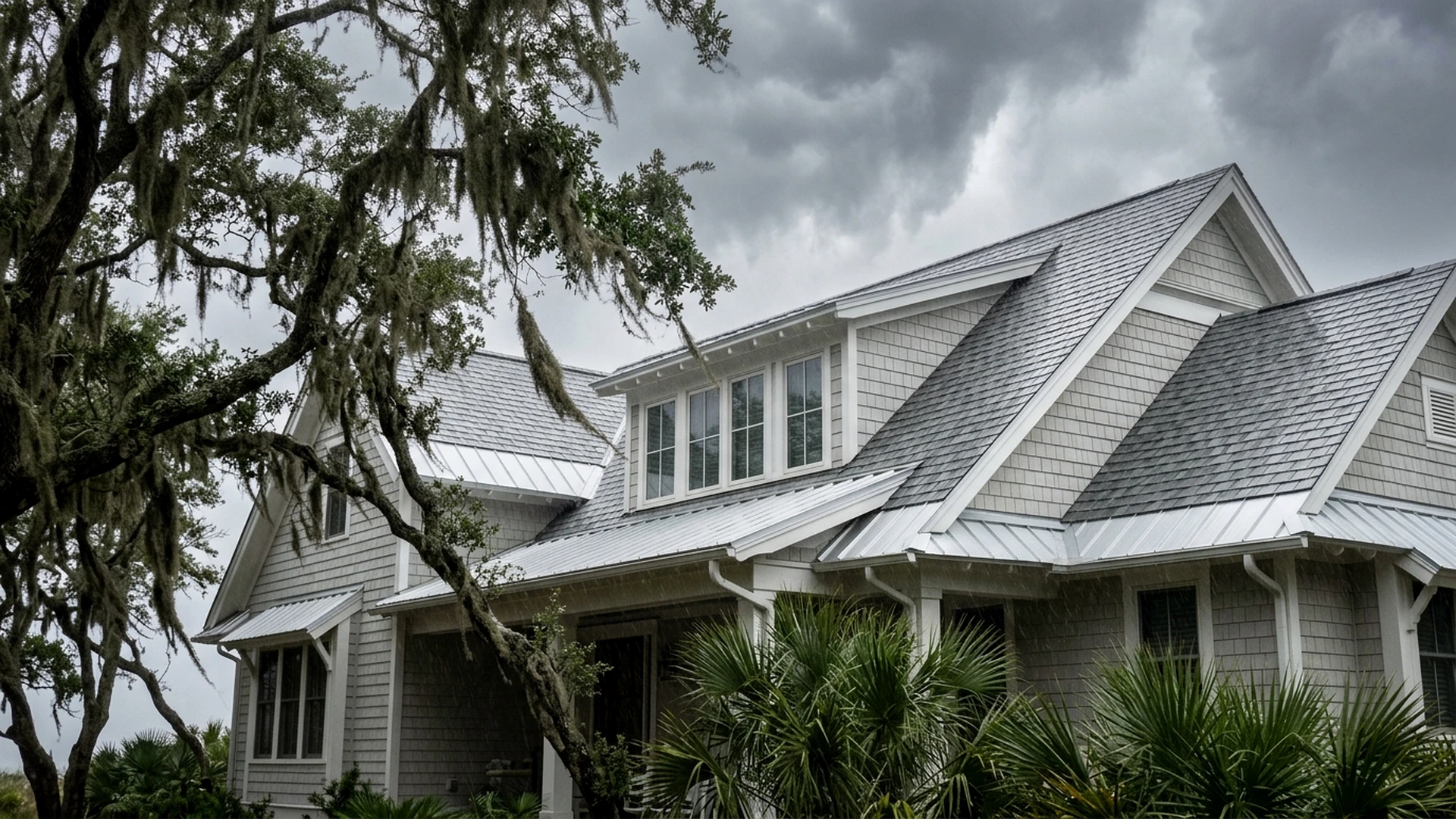 Coastal North Carolina home with roofing exposed to heavy rain and wind