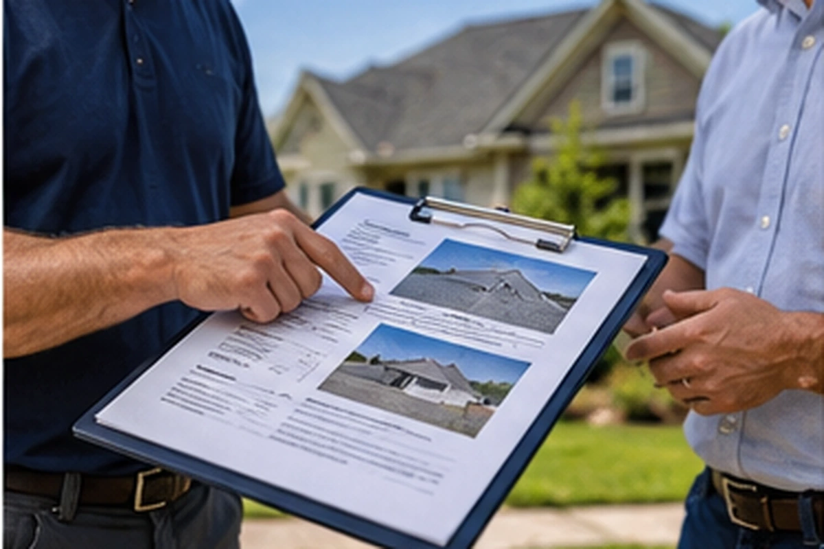 Roofing contractor reviewing a residential roof estimate with a homeowner