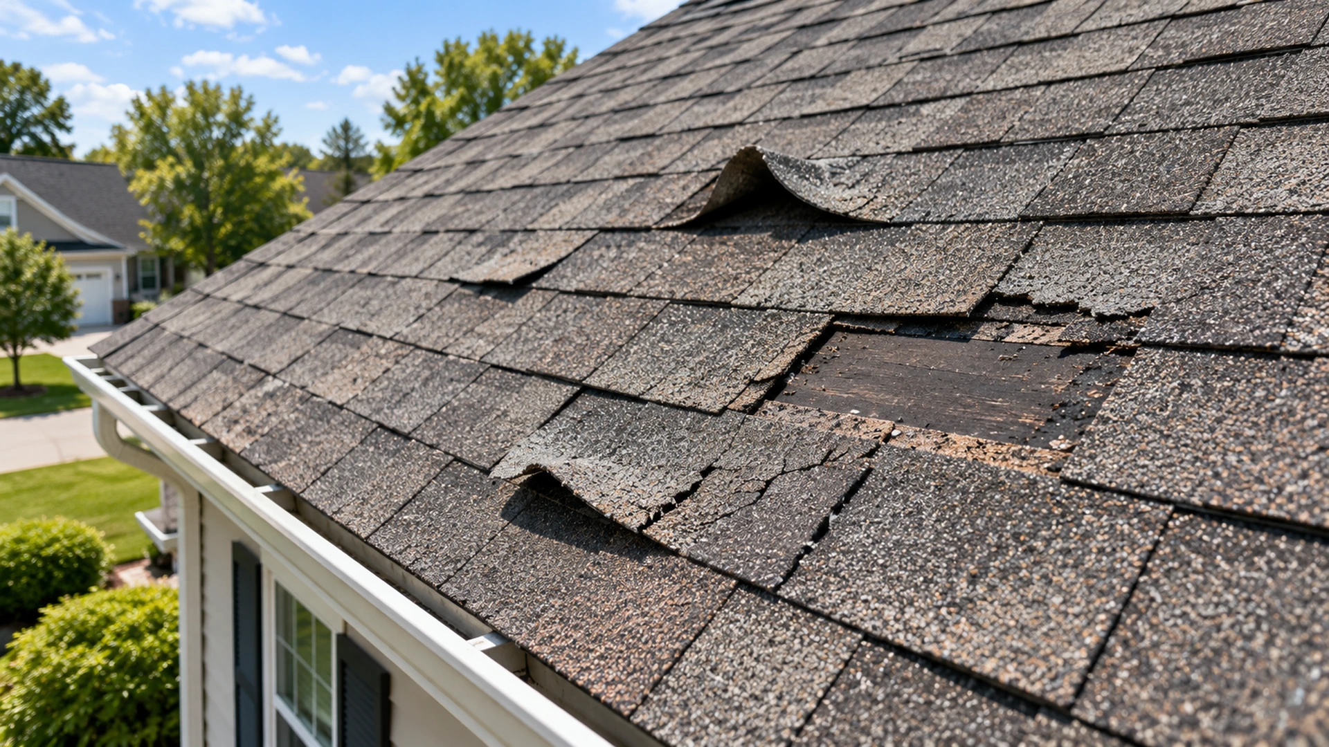 Cracked, lifted, and damaged asphalt shingles on a residential roof
