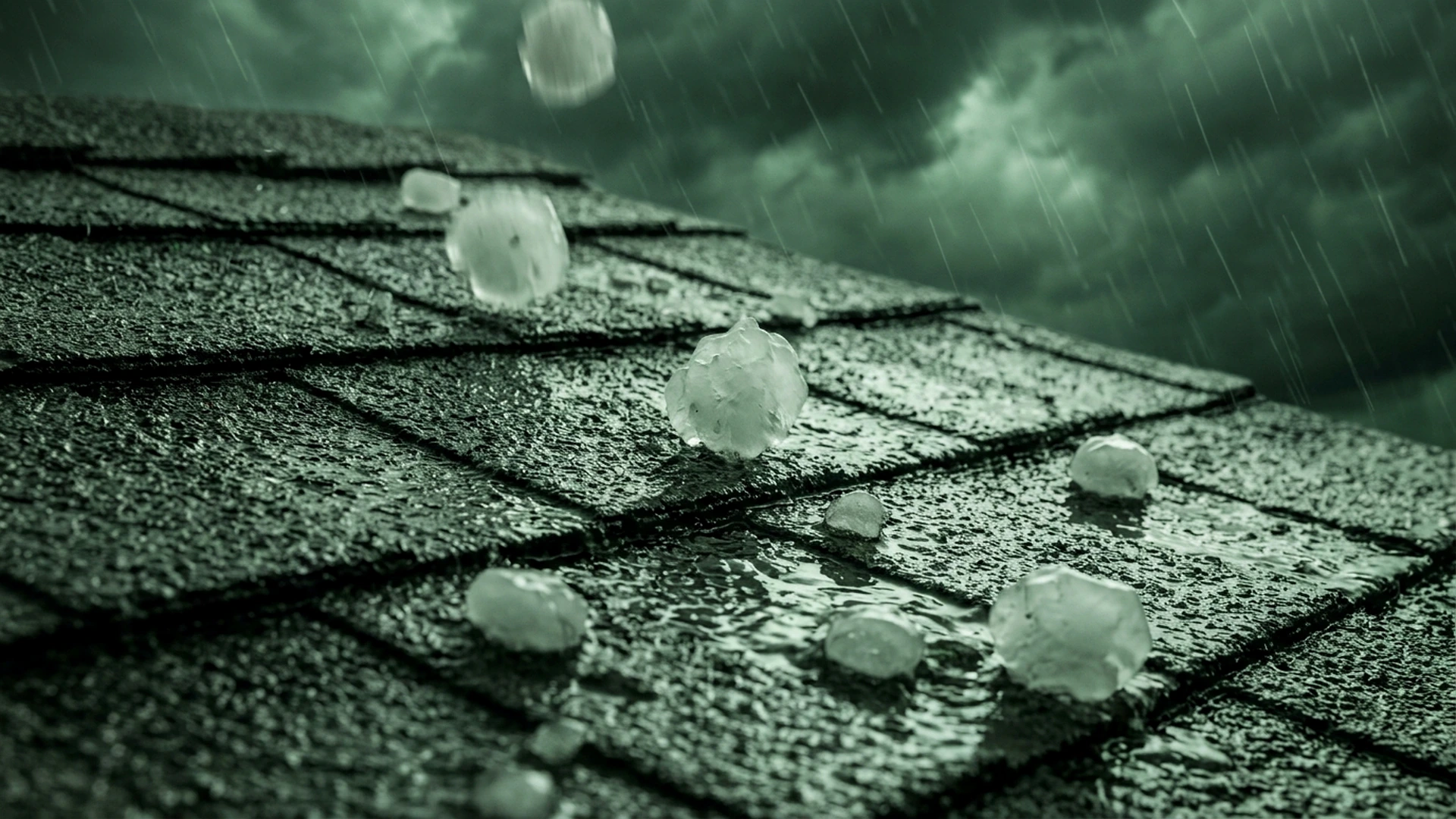 Hailstones striking wet asphalt shingles during a severe storm