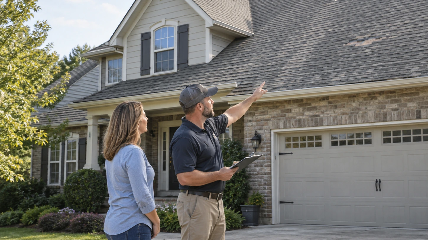 Roofing contractor discussing roof repair or roof replacement options with a homeowner outside a residential home