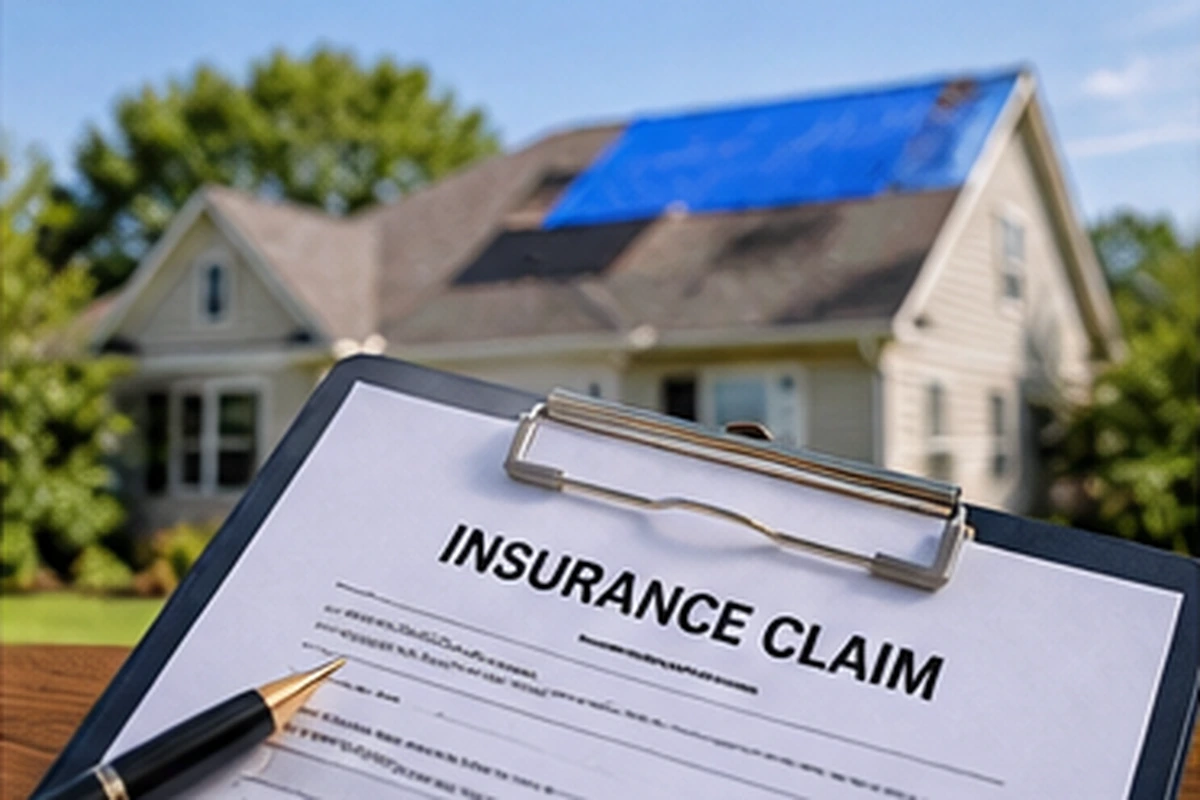 Homeowners insurance claim paperwork with a storm-damaged residential roof in the background