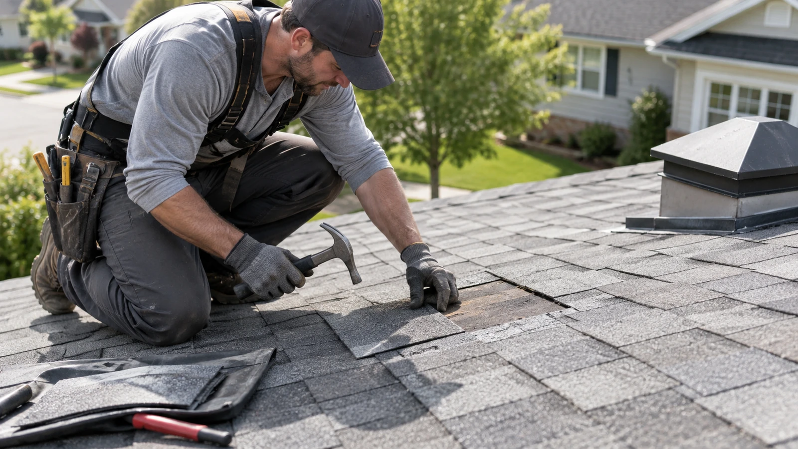 Roofing contractor replacing damaged shingles in a small localized roof area.