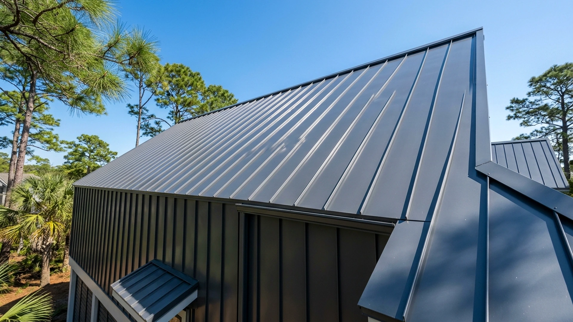 Standing seam metal roof installed on a modern residential home