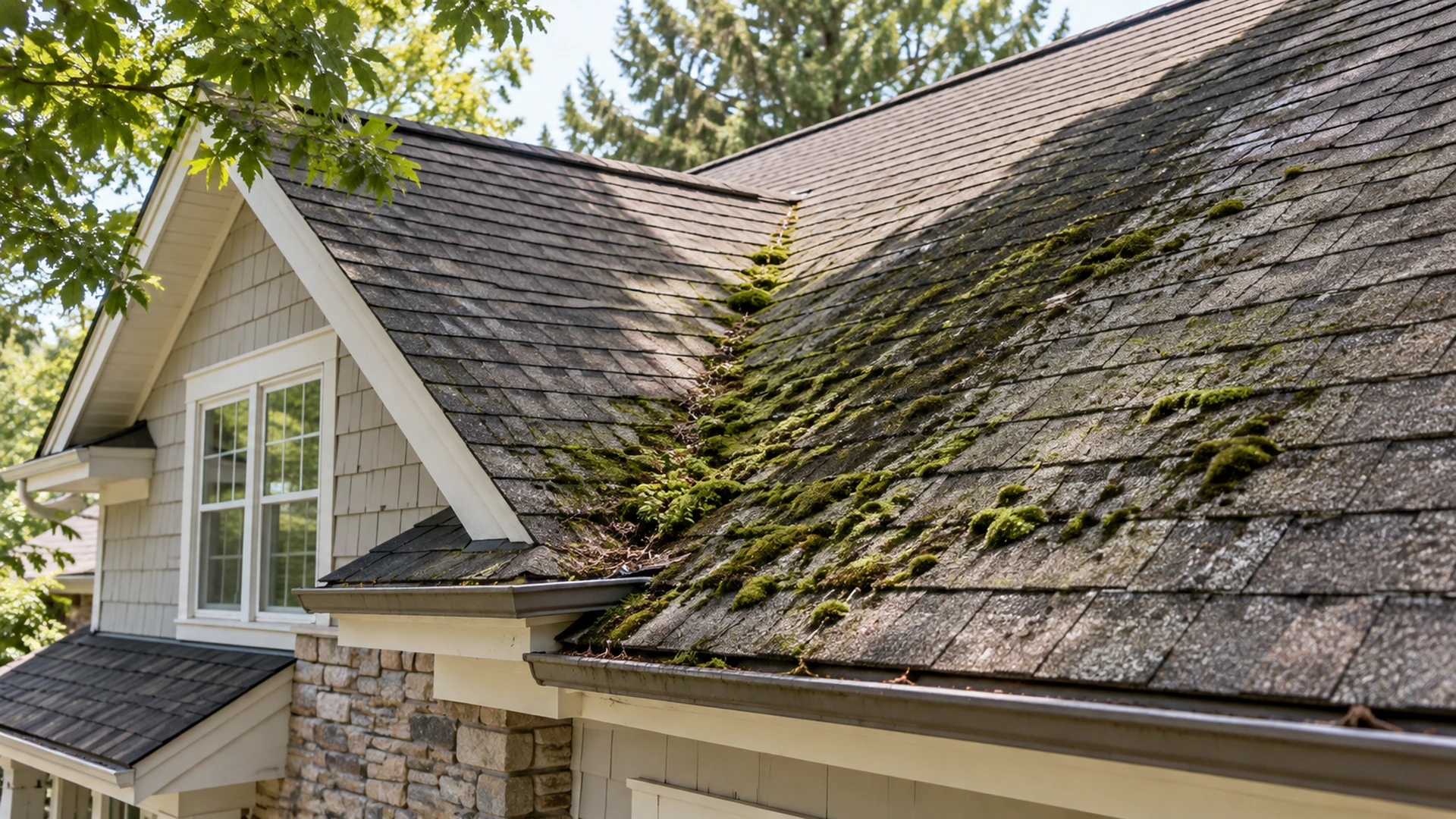 Moss and organic growth spreading across asphalt shingles on a shaded residential roof