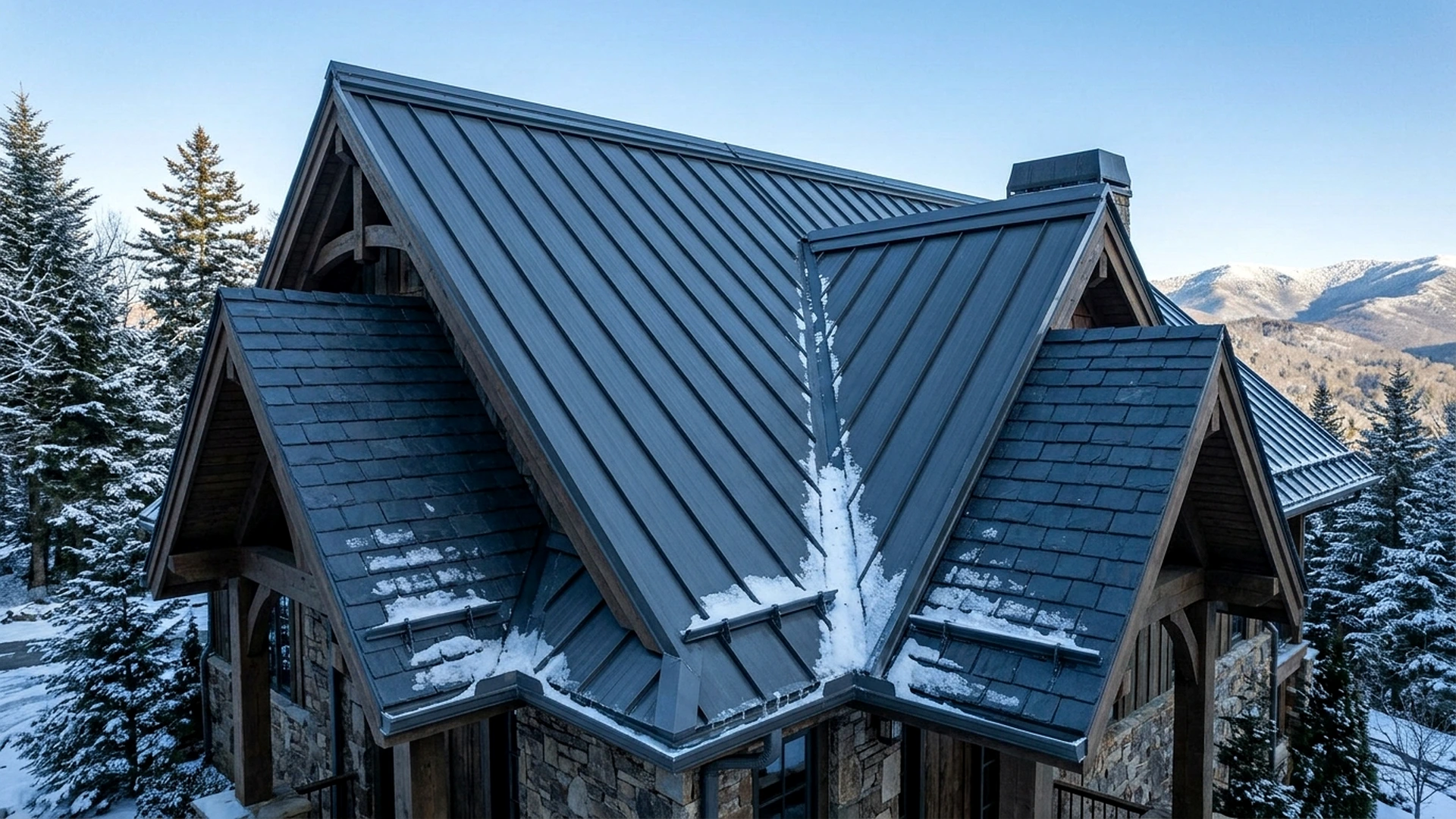 Mountain home with metal and shingle roofing surrounded by snow