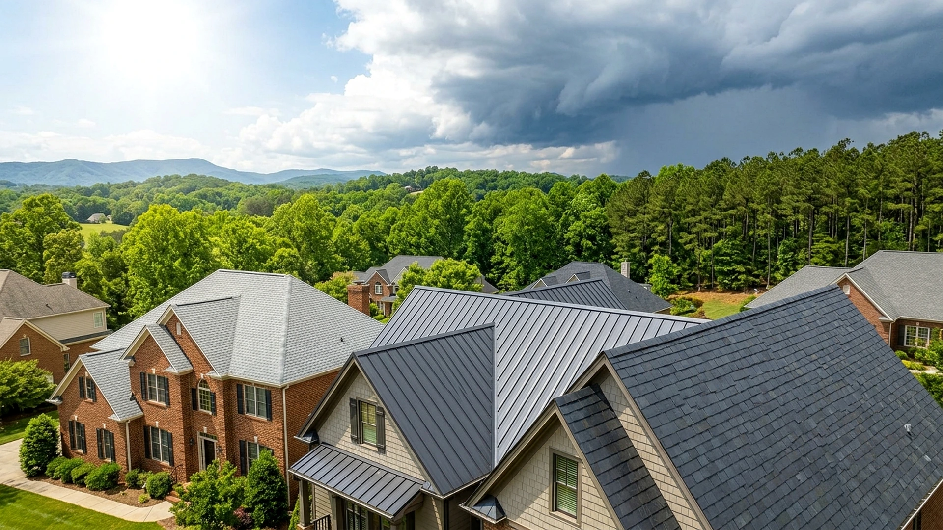 Residential roofs under changing North Carolina weather and storm clouds