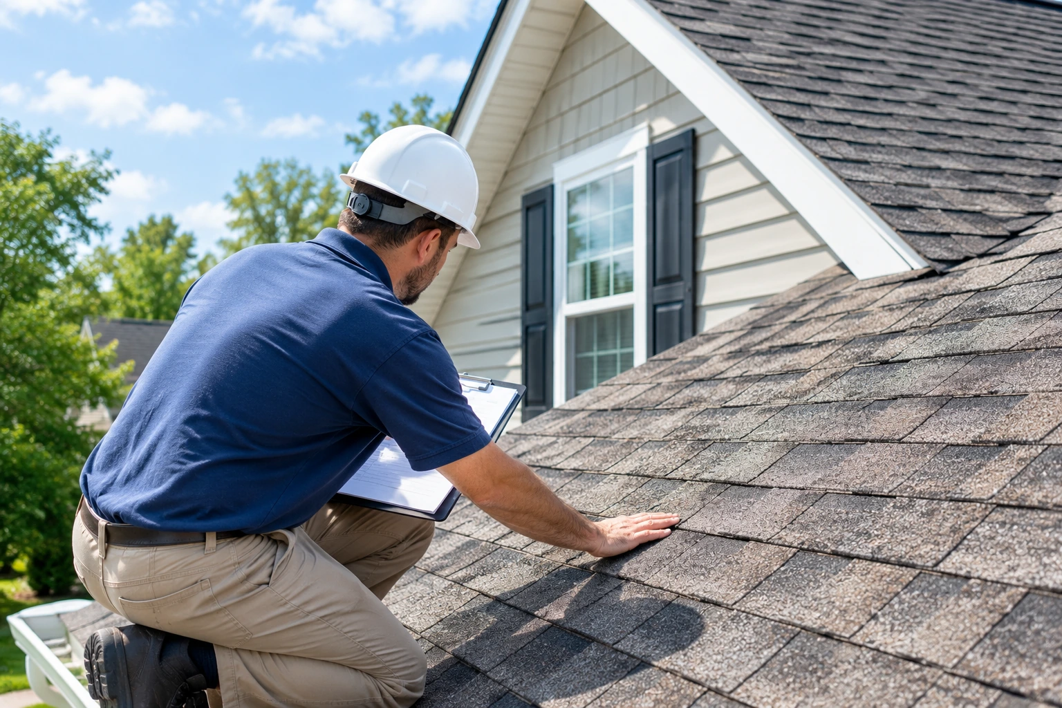Roofing contractor inspecting asphalt shingles on a residential roof