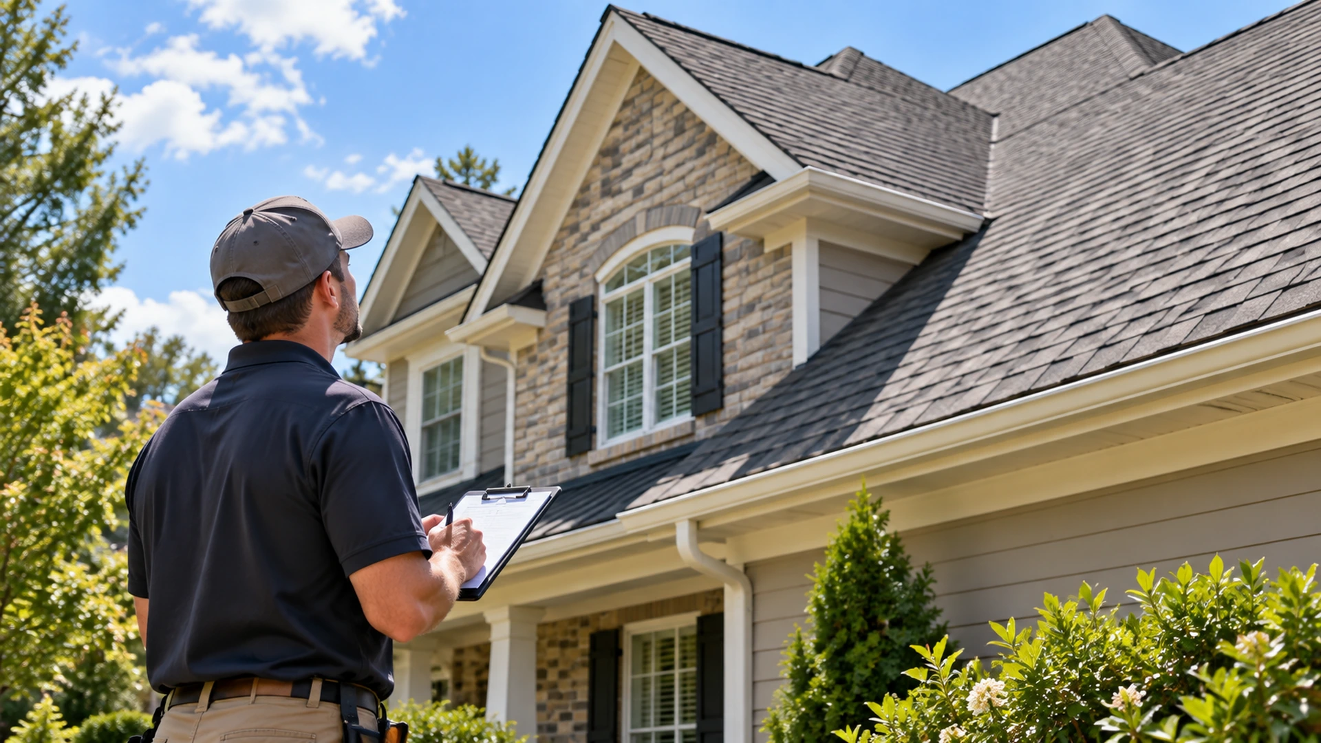 Roofing professional inspecting an asphalt shingle roof on a residential home