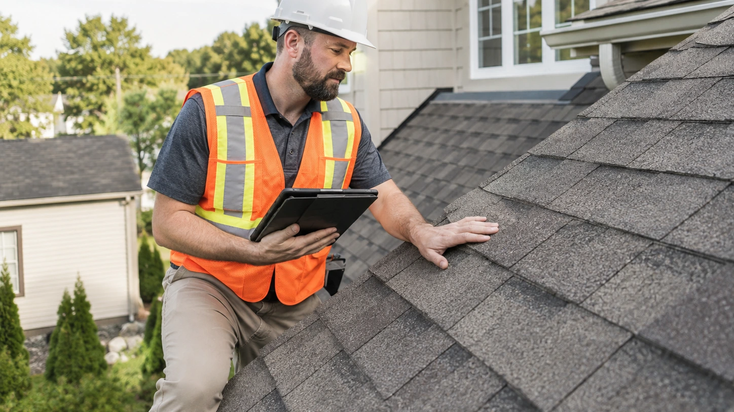 Professional roofing inspector checking roof shingles and condition on a residential property
