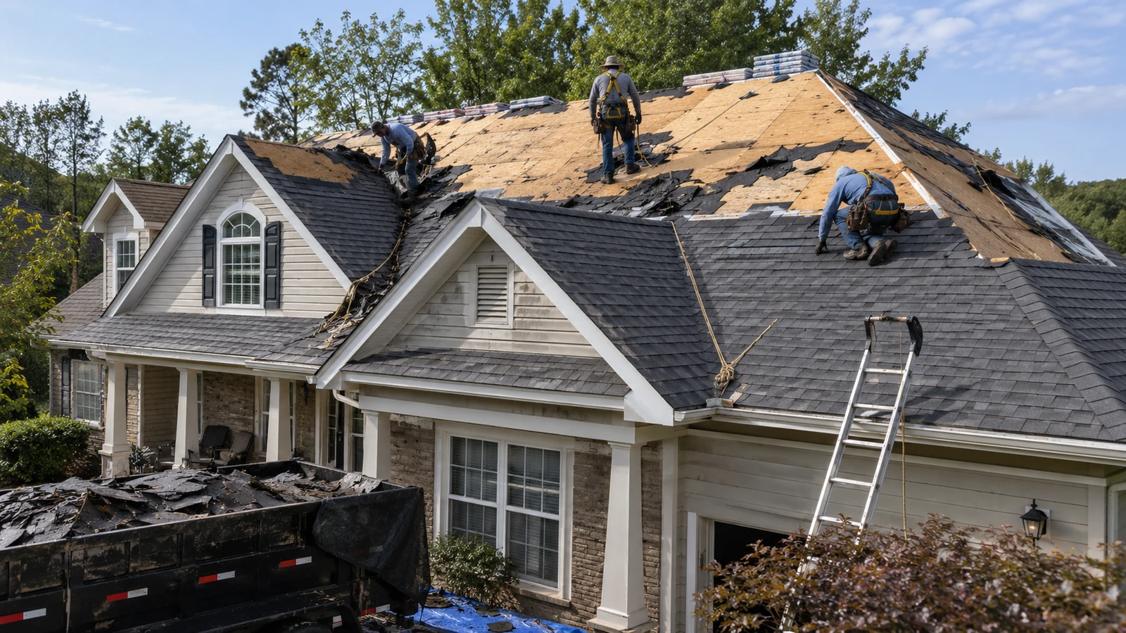 Roofing crew removing old materials during a full residential roof replacement.