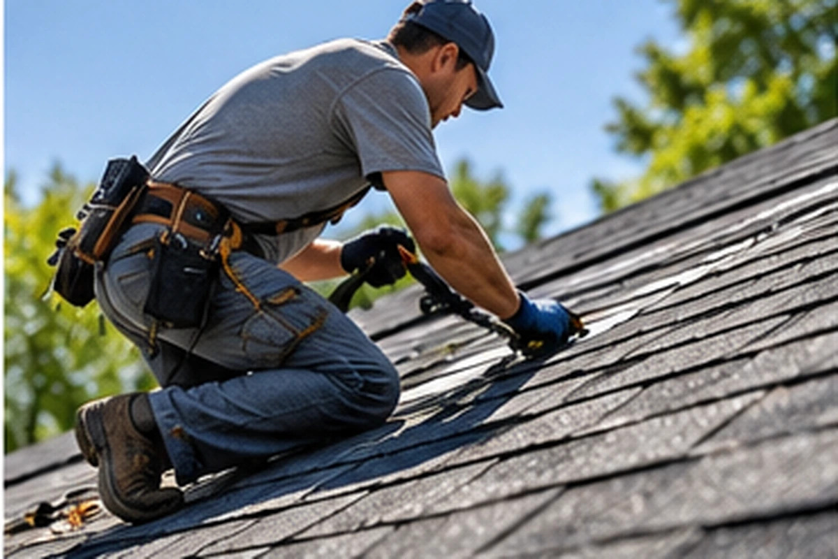 Roofing contractor repairing damaged asphalt shingles on a residential home