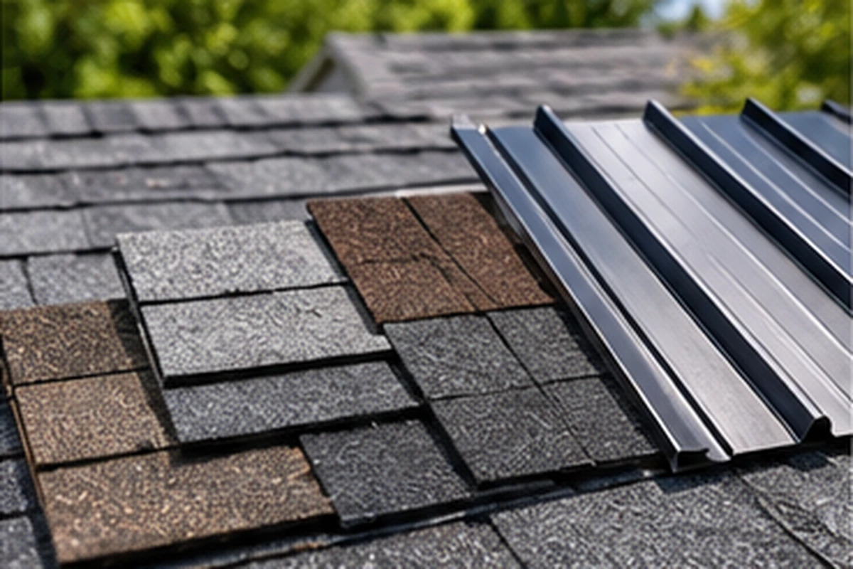 Asphalt shingles and metal roofing materials displayed on a residential roof