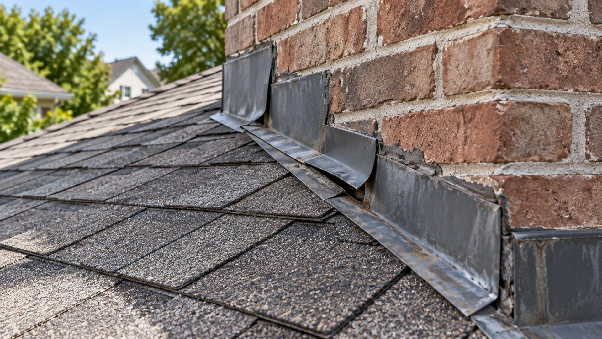 Damaged metal roof flashing around a brick chimney on an asphalt shingle roof