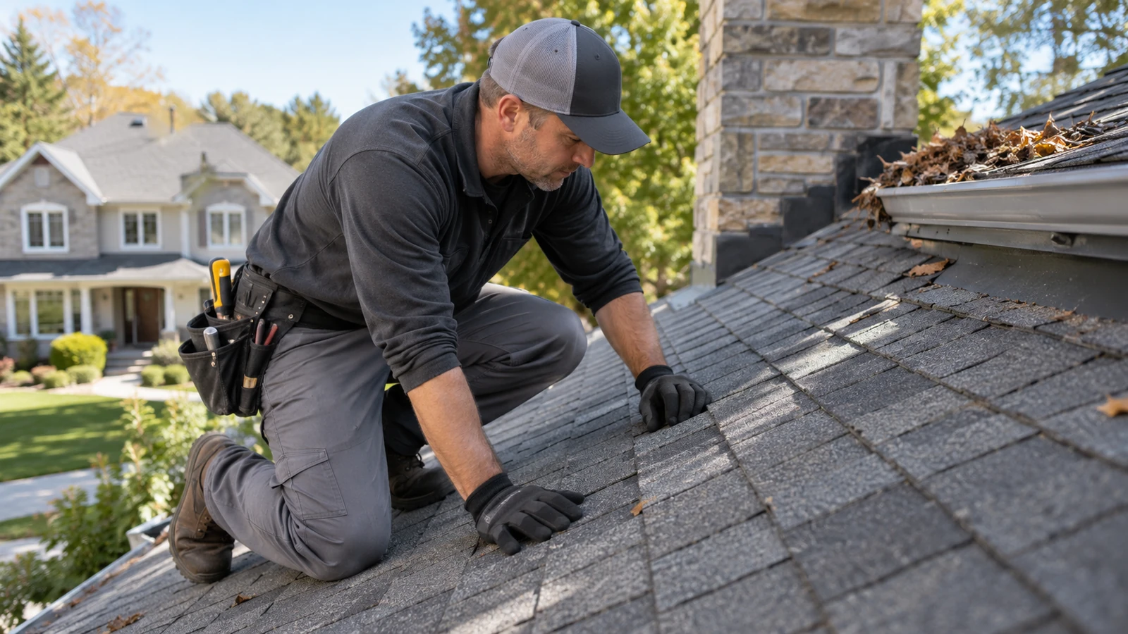 Roofing contractor inspecting asphalt shingles and clearing debris near a chimney.