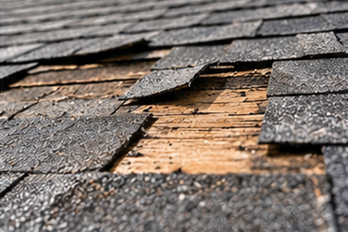 Damaged roof shingles exposing deteriorated wood decking underneath