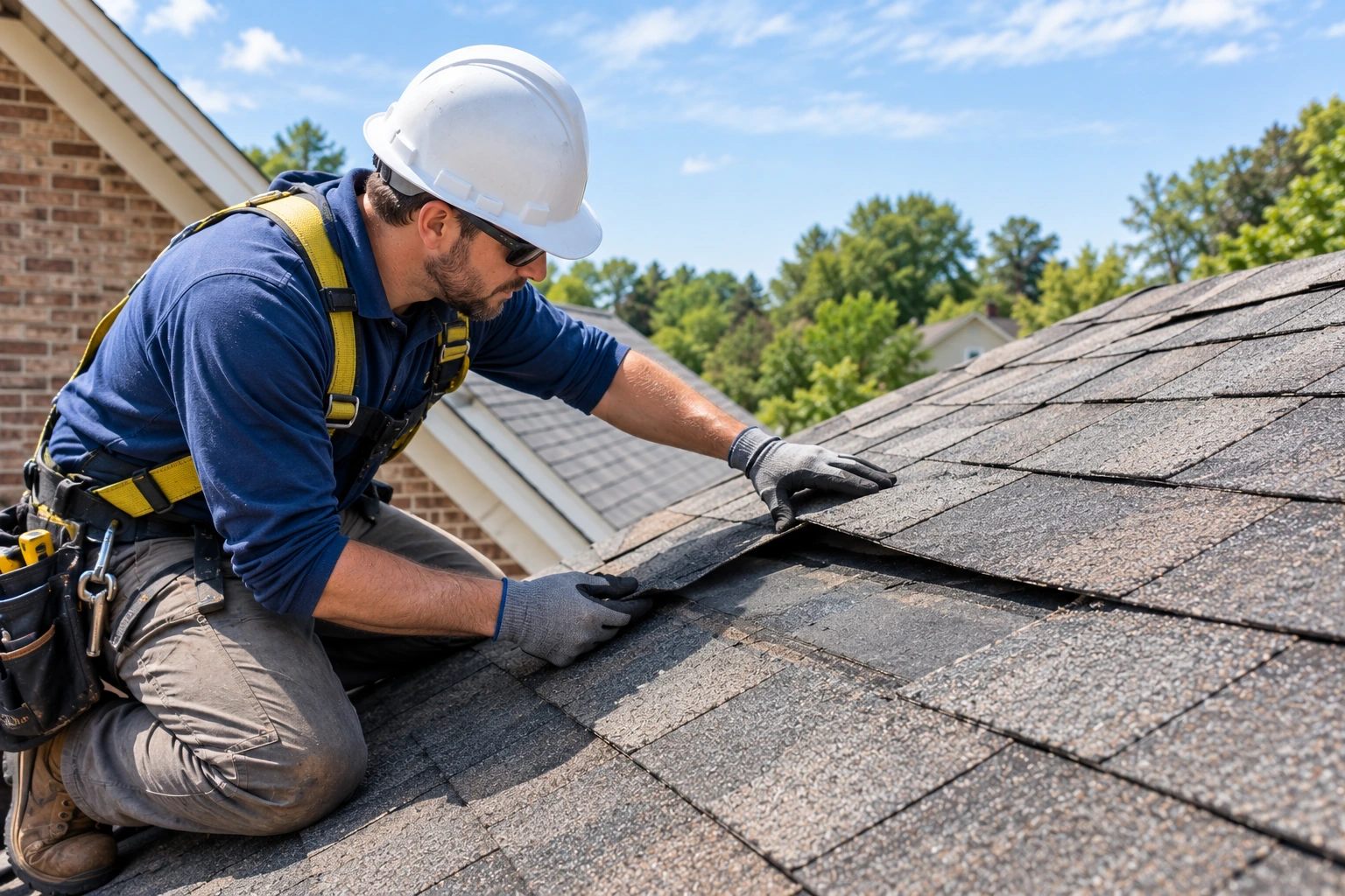 Roofing contractor inspecting shingles and roof layers on a residential home