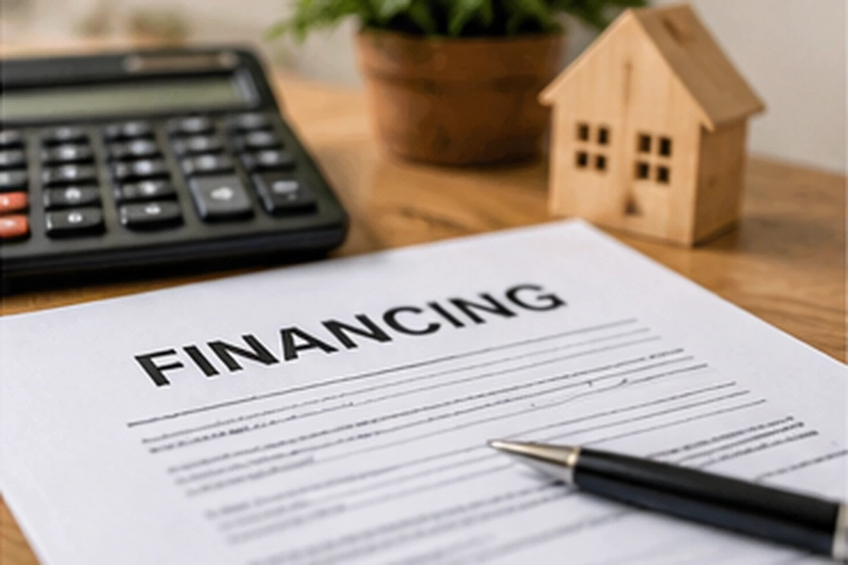 Home financing paperwork, calculator, and house model for a roofing project