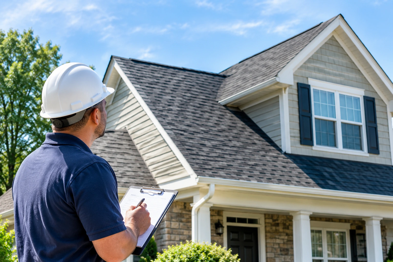 Roofing inspector reviewing a residential roof before replacement