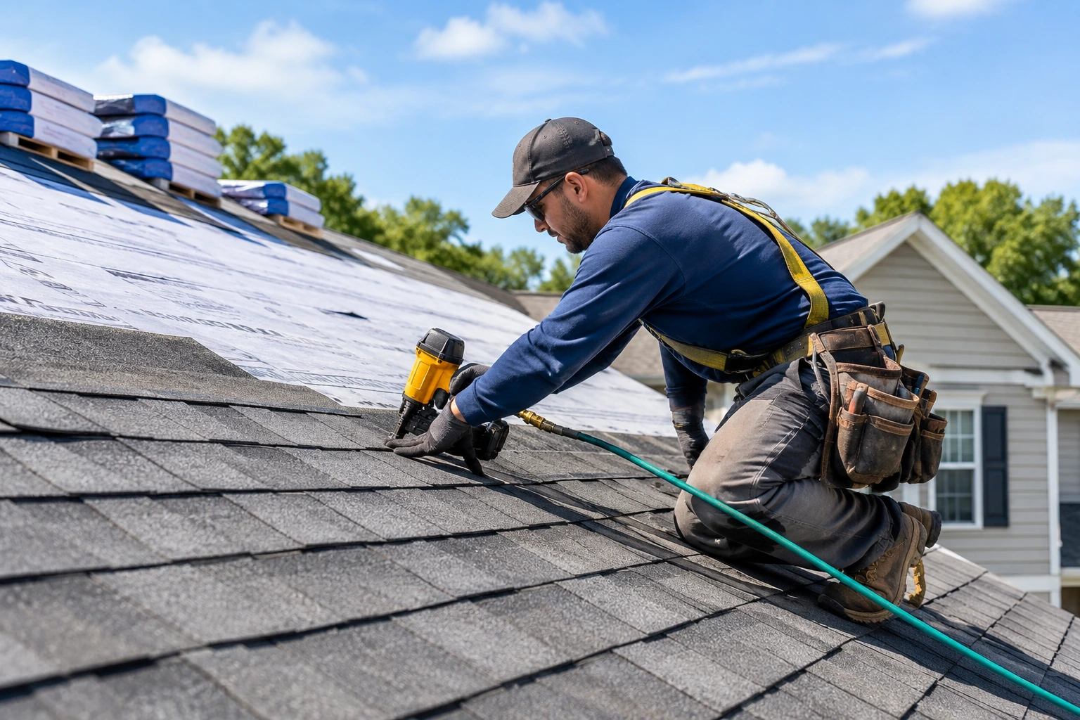 Roofer installing new shingles on a residential home during a roof replacement project