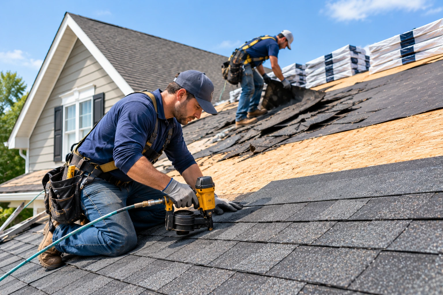 Roofing contractors removing old shingles and installing new roofing materials on a residential home