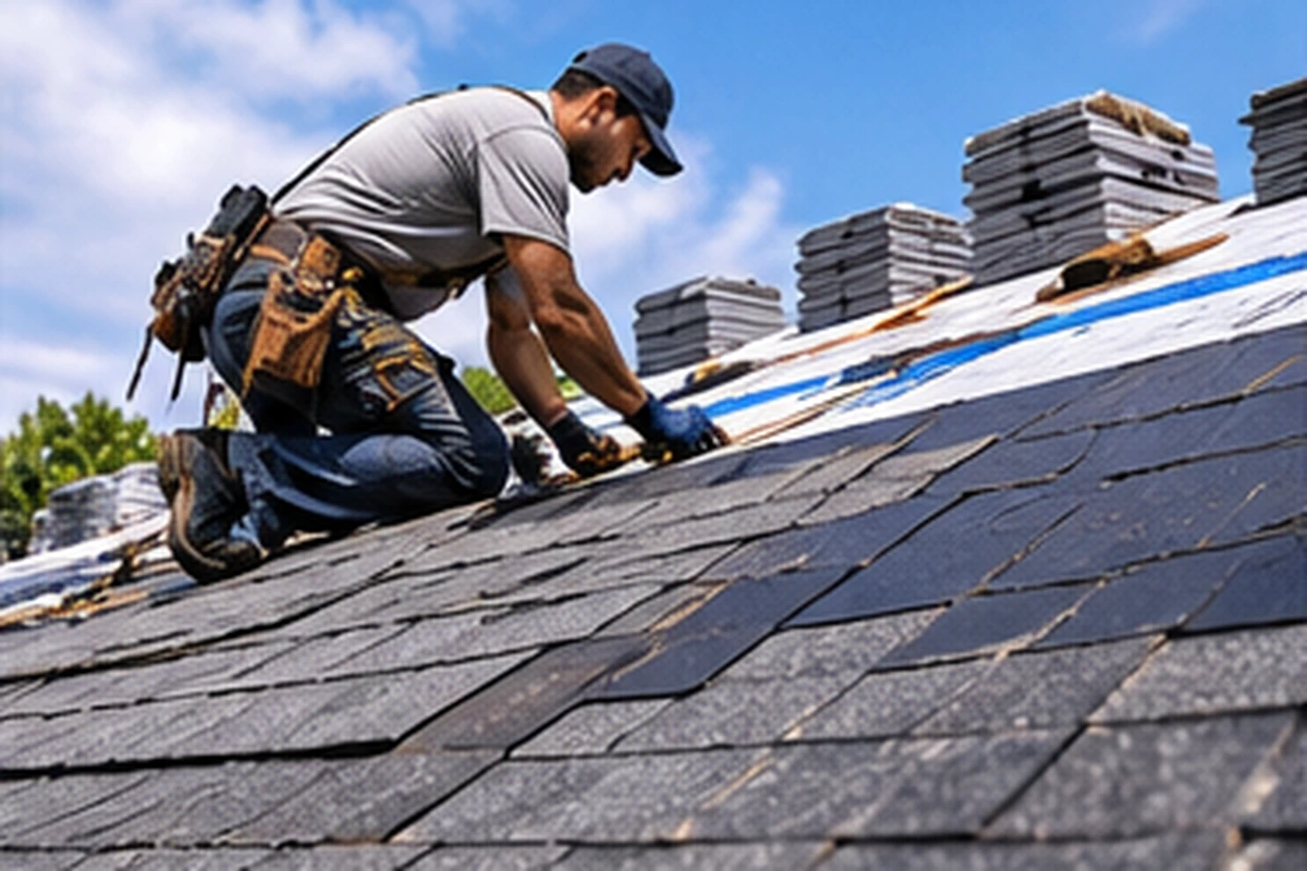 Roofing contractor installing new shingles during a residential roof replacement