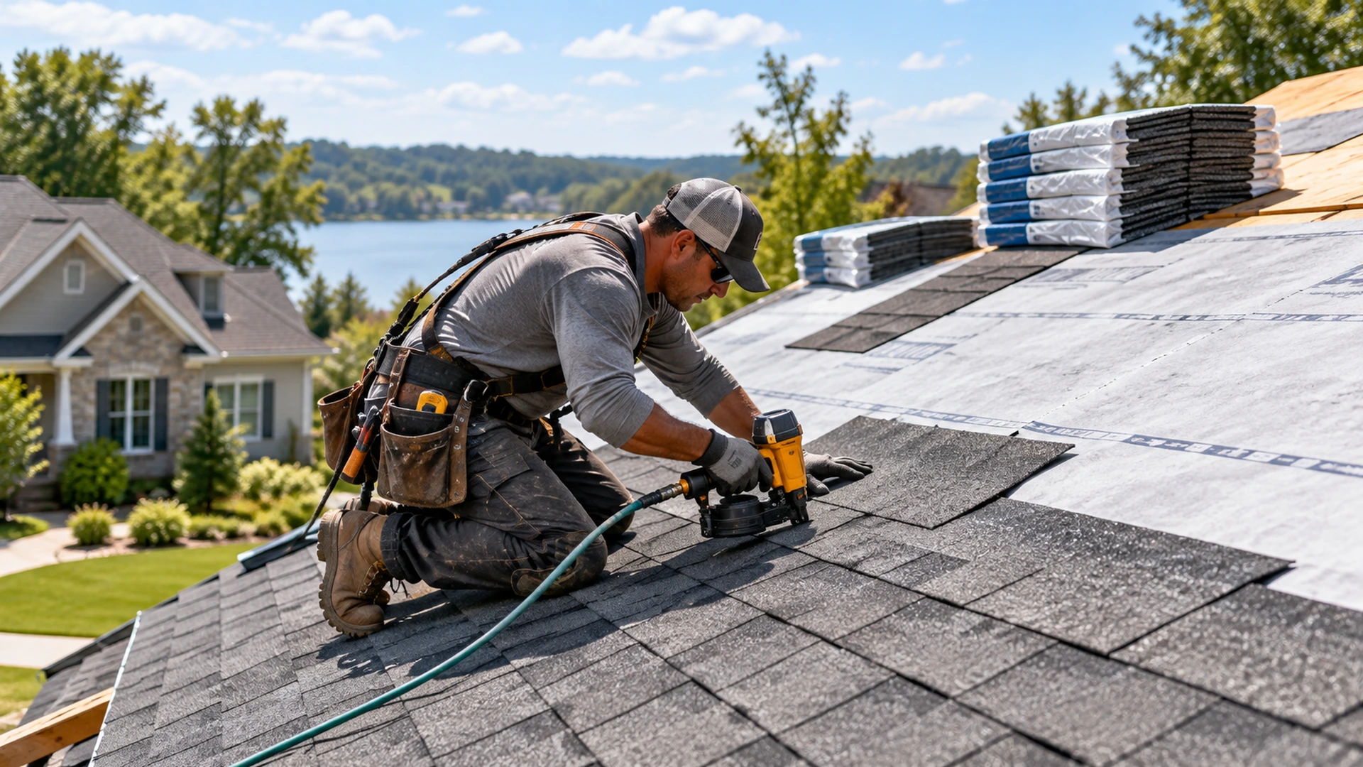 Professional roofer installing new asphalt shingles during a residential roof replacement