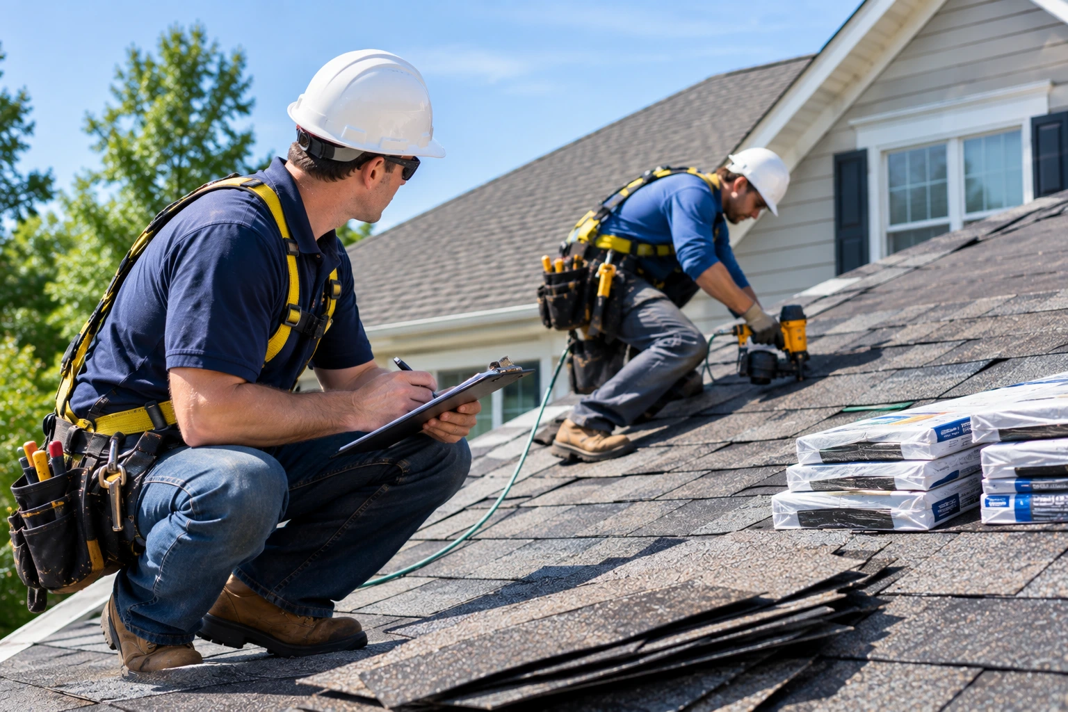 Roofing contractors working on a residential roof during a replacement project