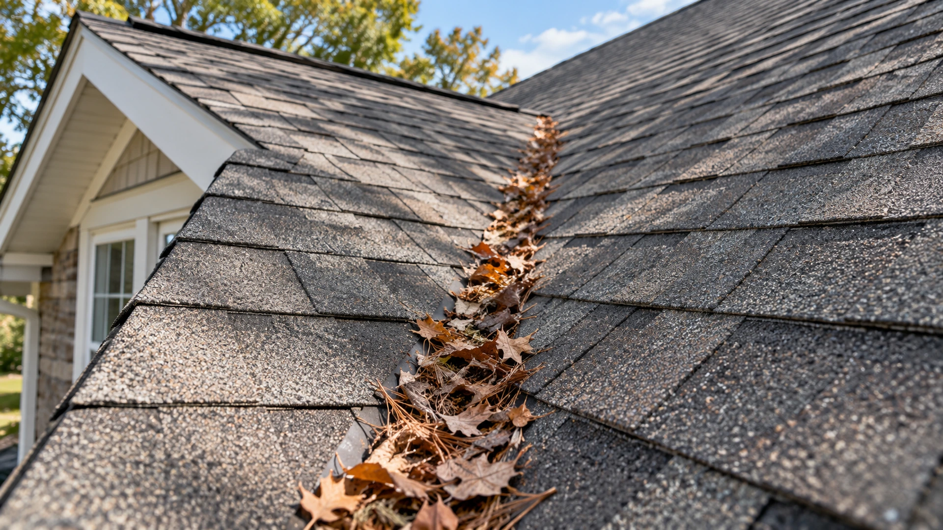 Leaves and debris collecting inside the valley of a residential asphalt shingle roof