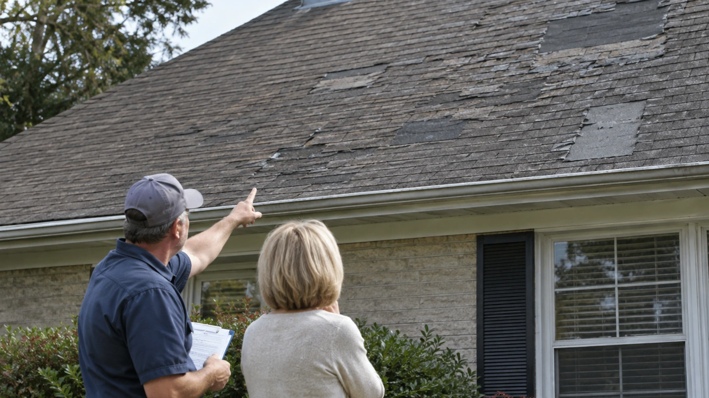 Homeowner and roofing contractor looking at an aging roof with visible wear and repair patches