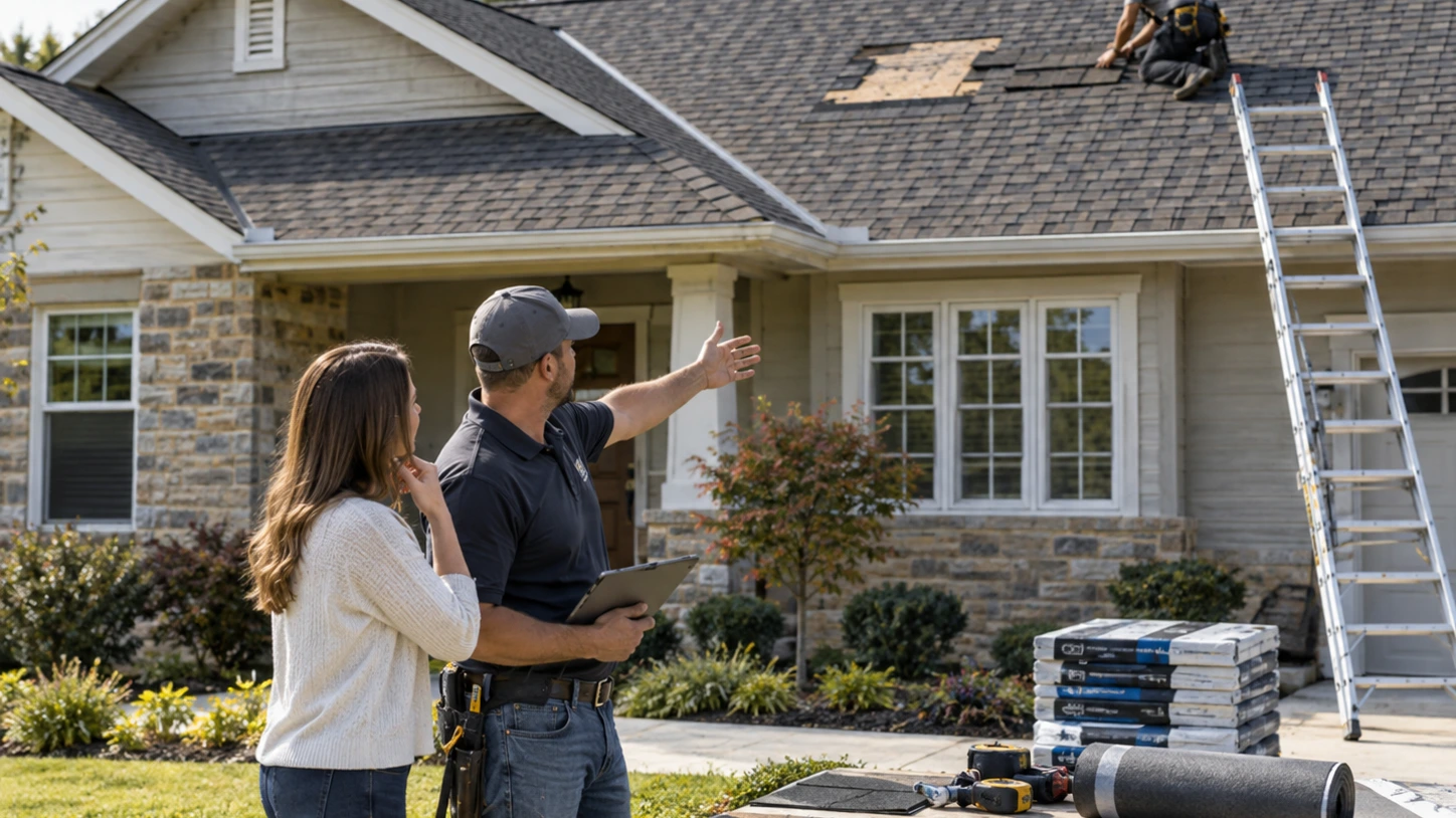 Roofing contractor explaining roof repair and roof replacement differences to a homeowner during a residential project consultation