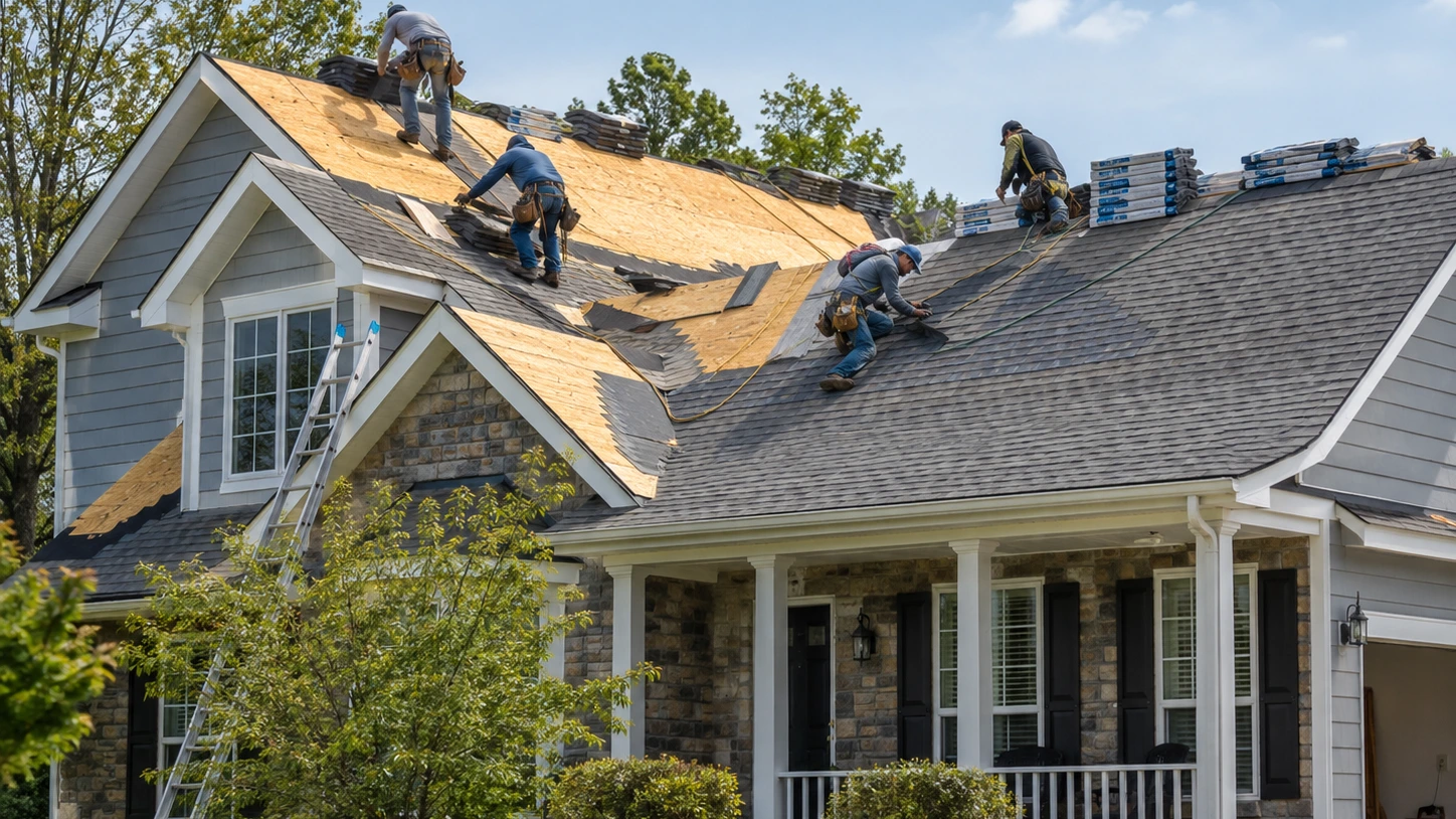 Roofing crew replacing a residential roof with new materials on a suburban home