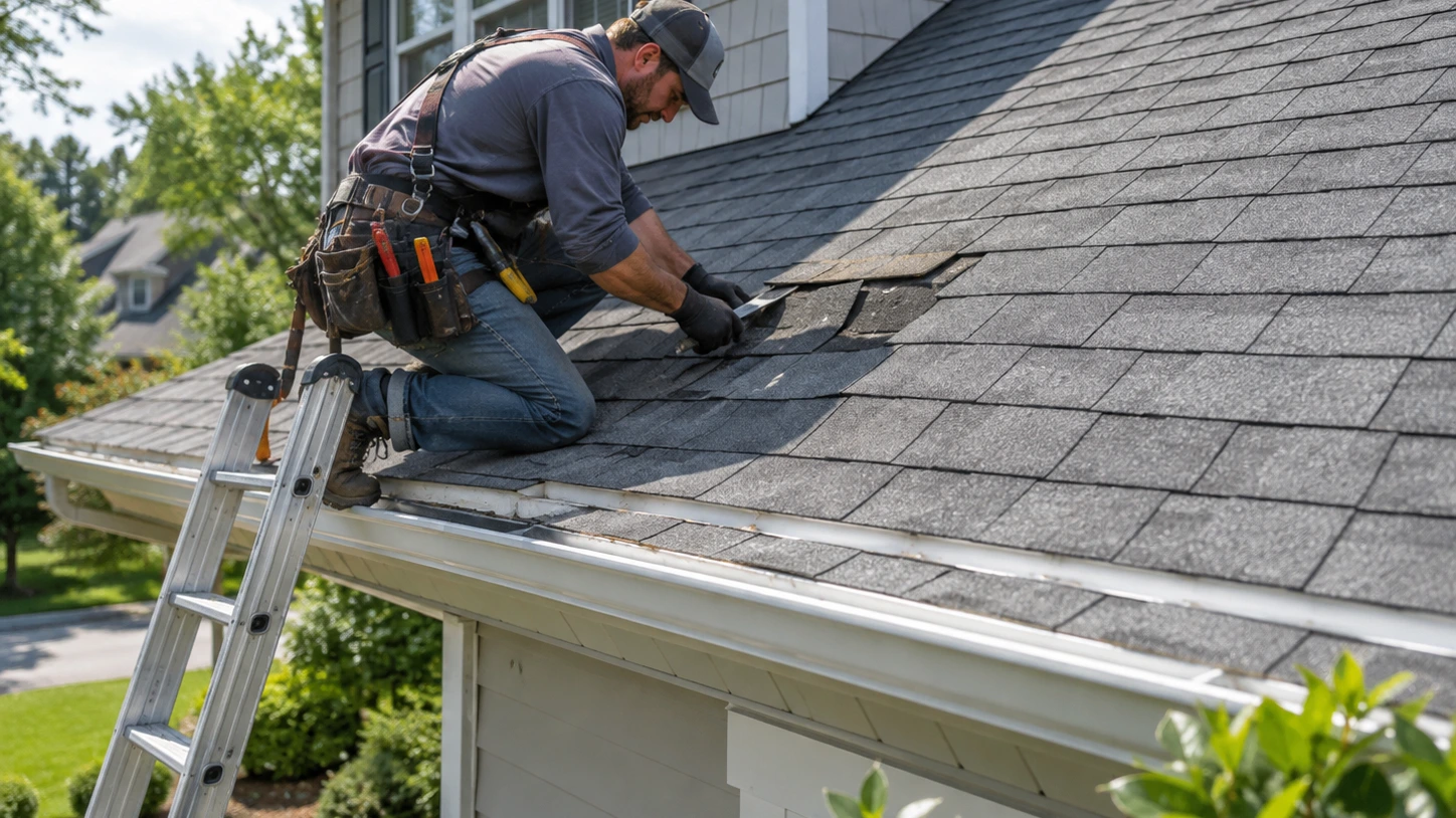 Roofer repairing damaged asphalt shingles on a residential roof