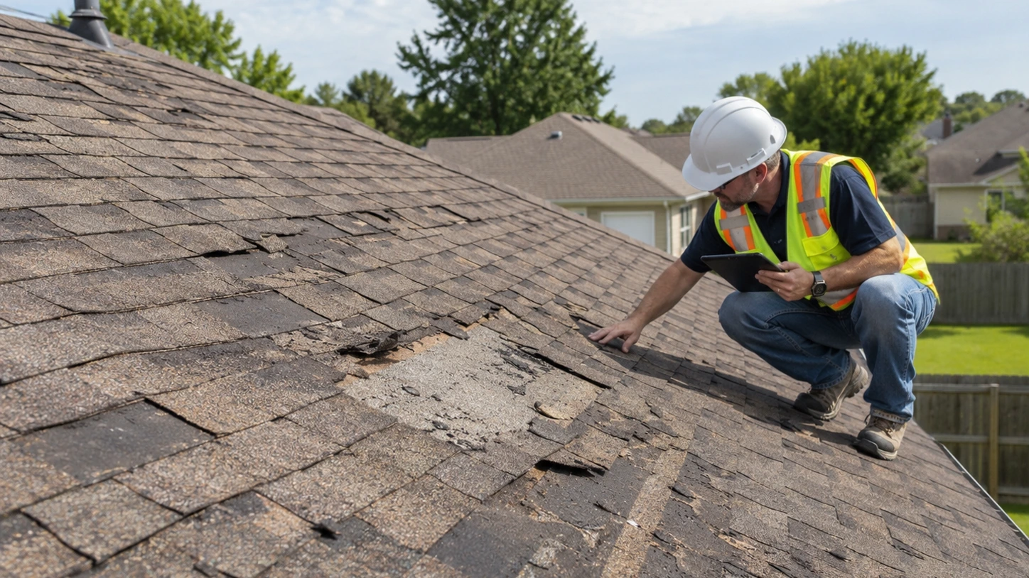 Roofing inspector examining widespread shingle damage on a residential roof