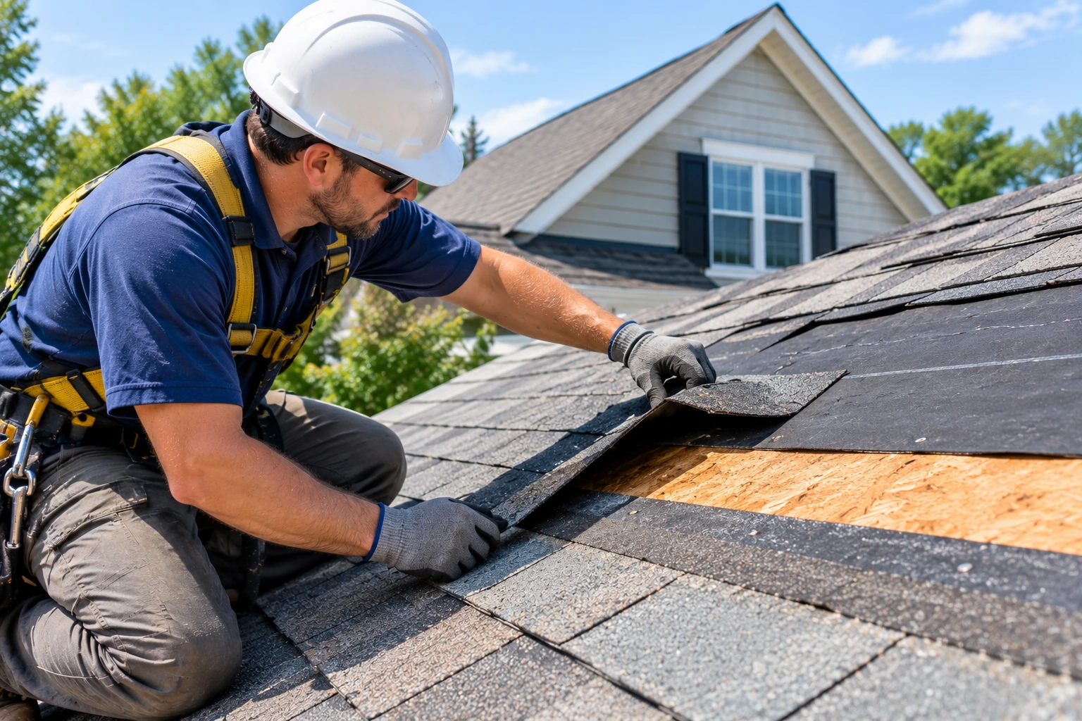 Roofer examining asphalt shingles and roofing materials on a residential home