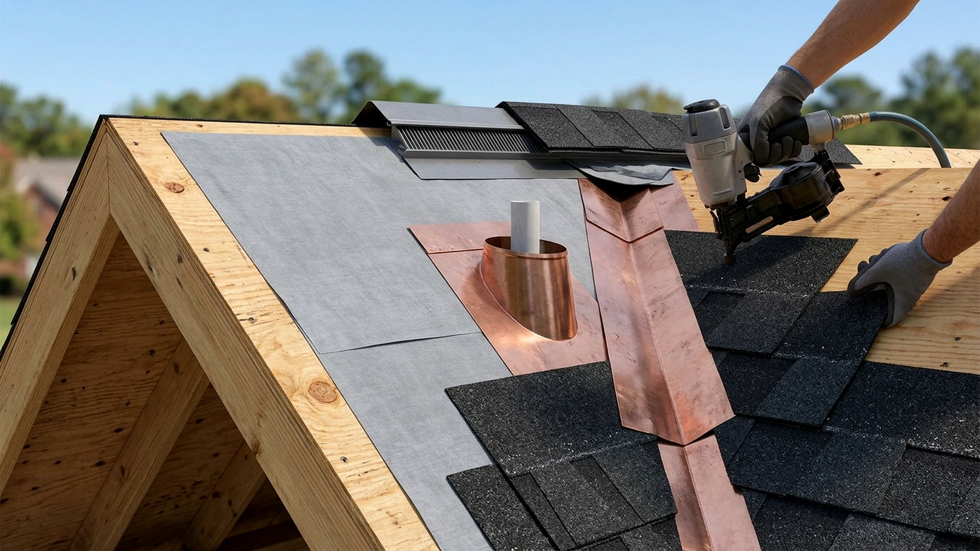 Roofer installing shingles over underlayment and flashing on a residential roof