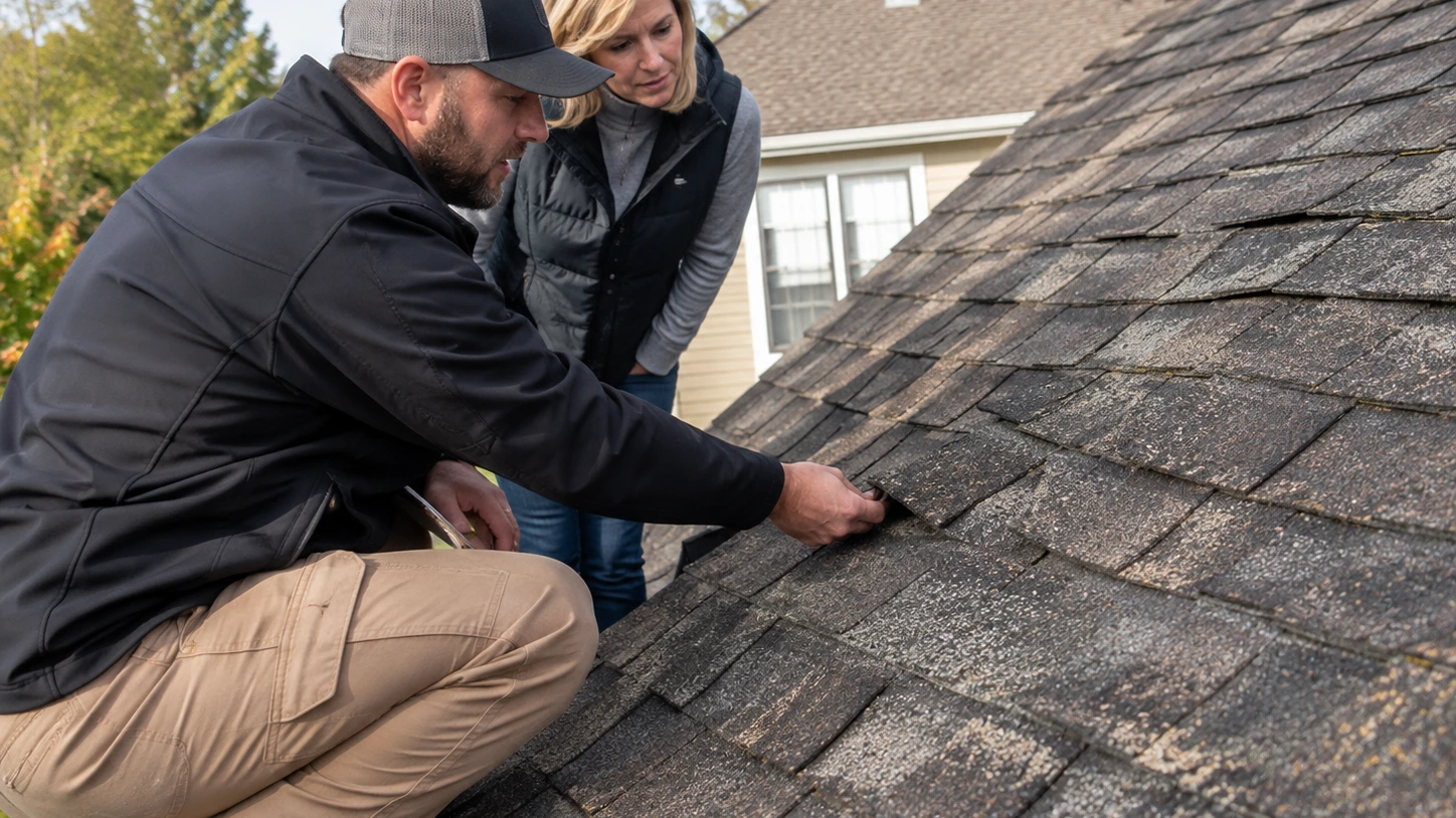 Roofing professional inspecting worn older shingles with a homeowner on a residential roof