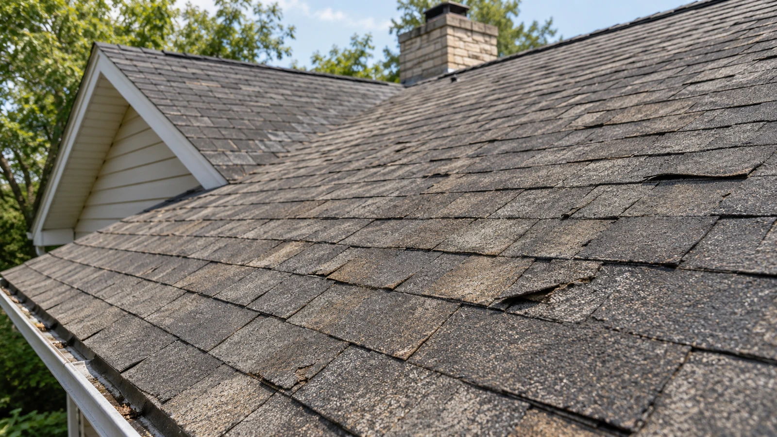 Aging asphalt shingles with curling edges, granule loss, and visible surface wear.