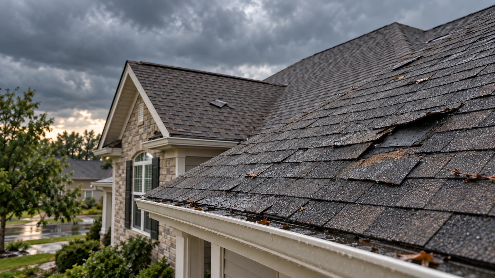 Storm-damaged asphalt shingles on a residential roof beneath dark storm clouds