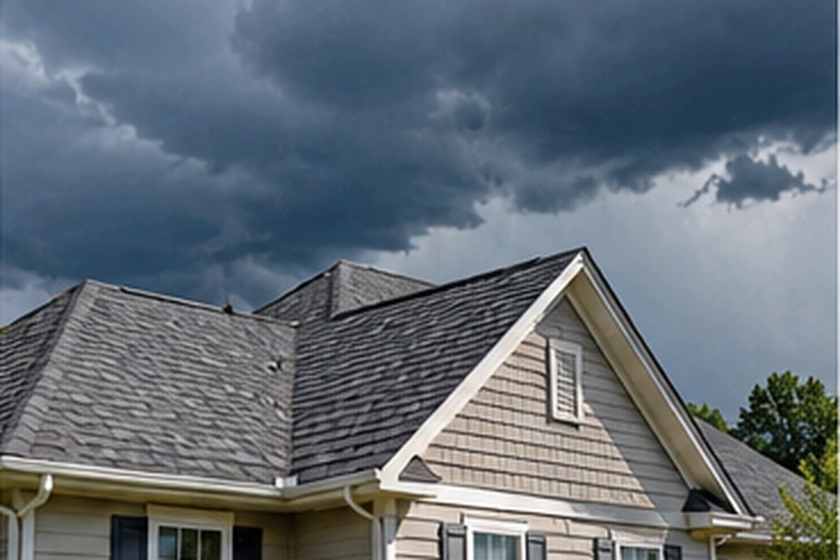 Residential home under dark storm clouds showing potential roof weather exposure