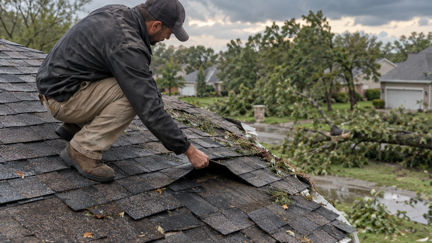 Contractor inspecting storm damaged shingles and debris on a residential roof after severe weather