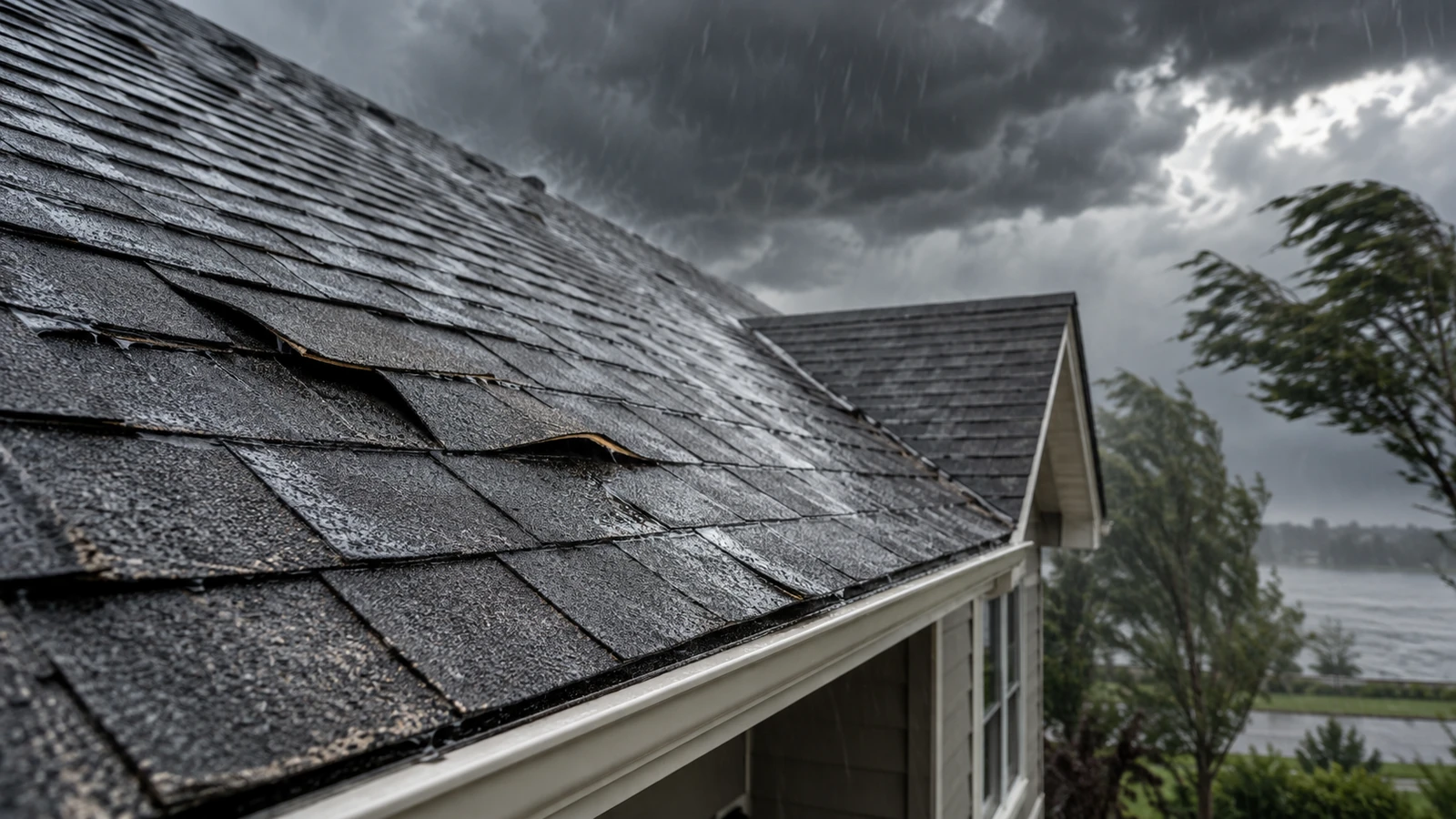 Rain and strong wind affecting worn asphalt shingles on a residential roof.