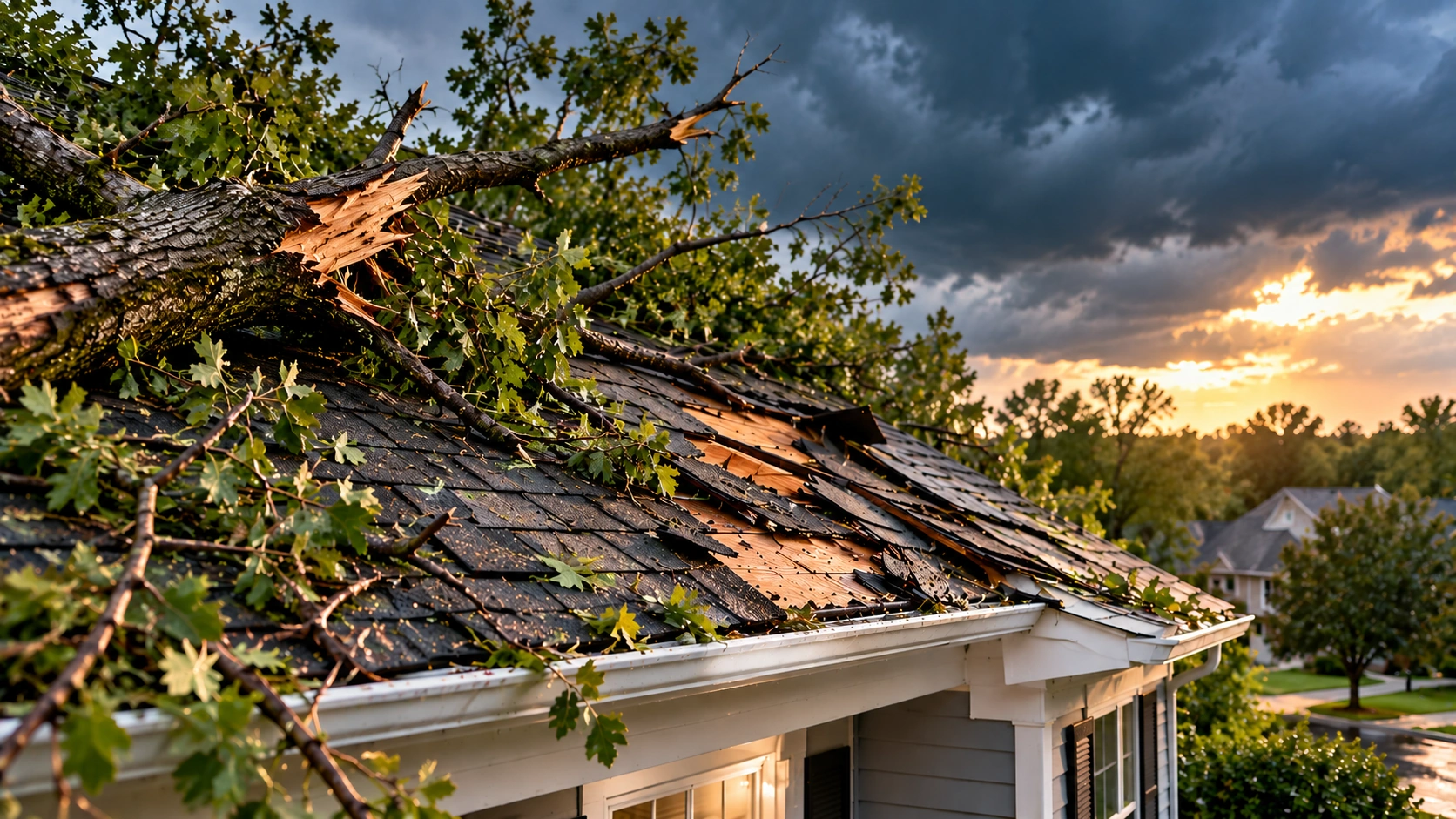 Storm-damaged residential roof with fallen tree branches and exposed shingles after a severe storm